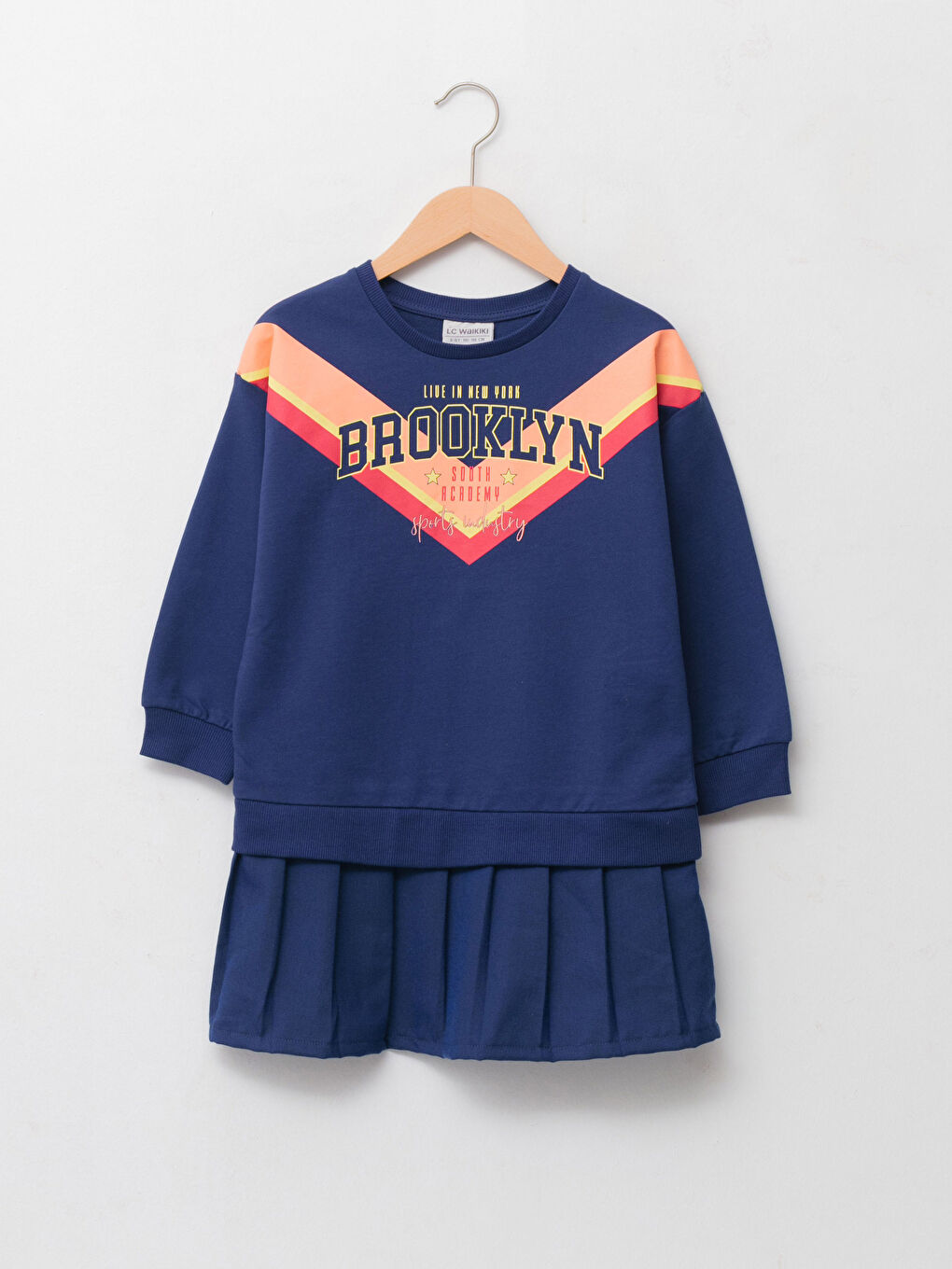 Lacivert Bisiklet Yaka Baskılı Uzun Kollu Kız Çocuk Elbise