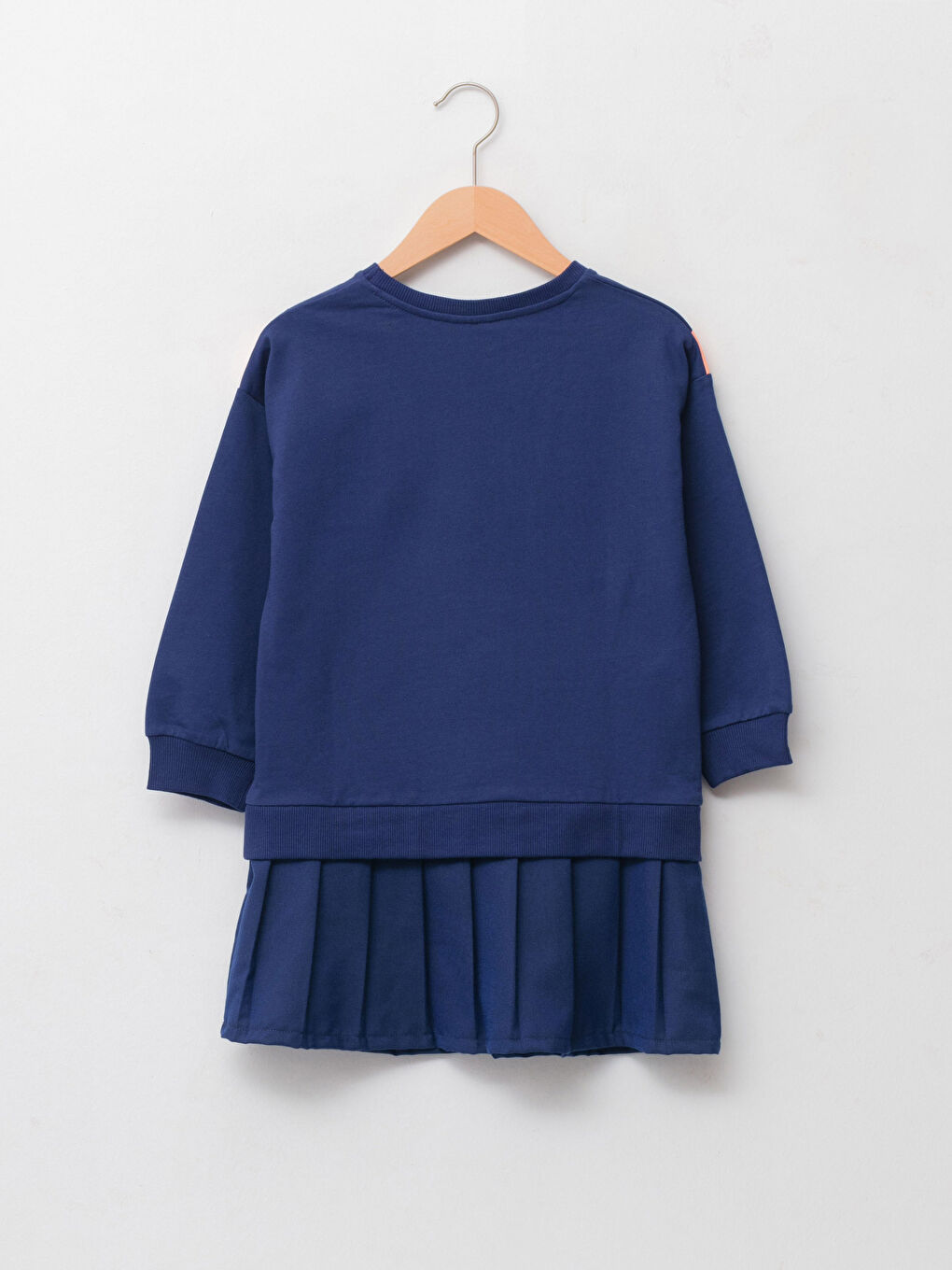 Lacivert Bisiklet Yaka Baskılı Uzun Kollu Kız Çocuk Elbise-1