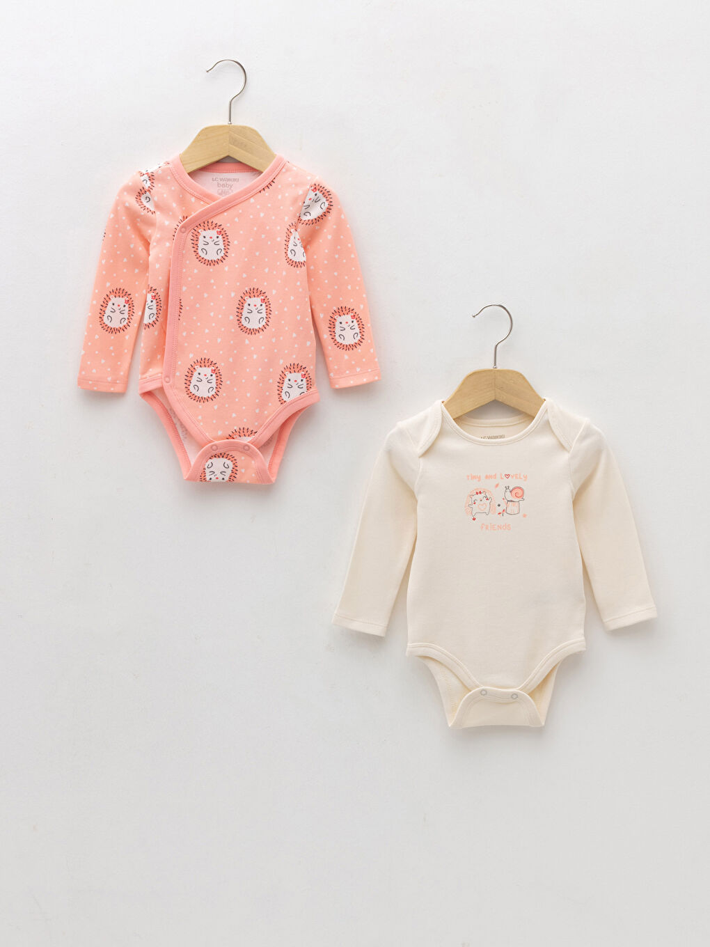 Ekru Bisiklet Yaka Uzun Kollu Baskılı Kız Bebek Çıtçıtlı Bodysuit 2'li