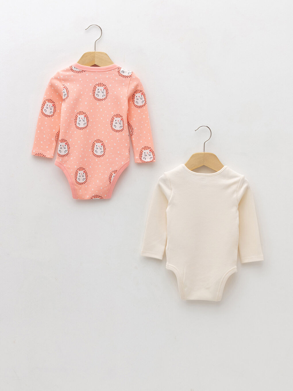 Ekru Bisiklet Yaka Uzun Kollu Baskılı Kız Bebek Çıtçıtlı Bodysuit 2'li-1