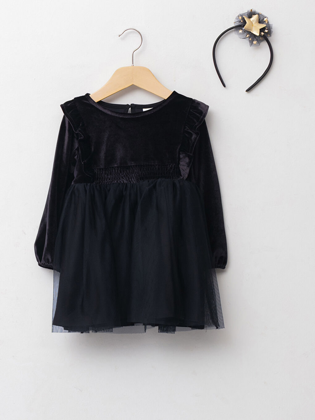 Crew Neck Long Sleeved Basic Velvet Baby Girl Dress and Crown 2 Piece Set