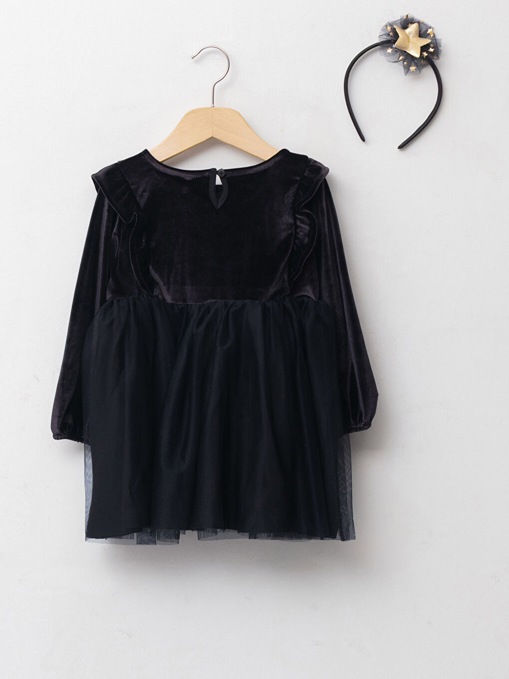 Crew Neck Long Sleeved Basic Velvet Baby Girl Dress and Crown 2 Piece Set-1