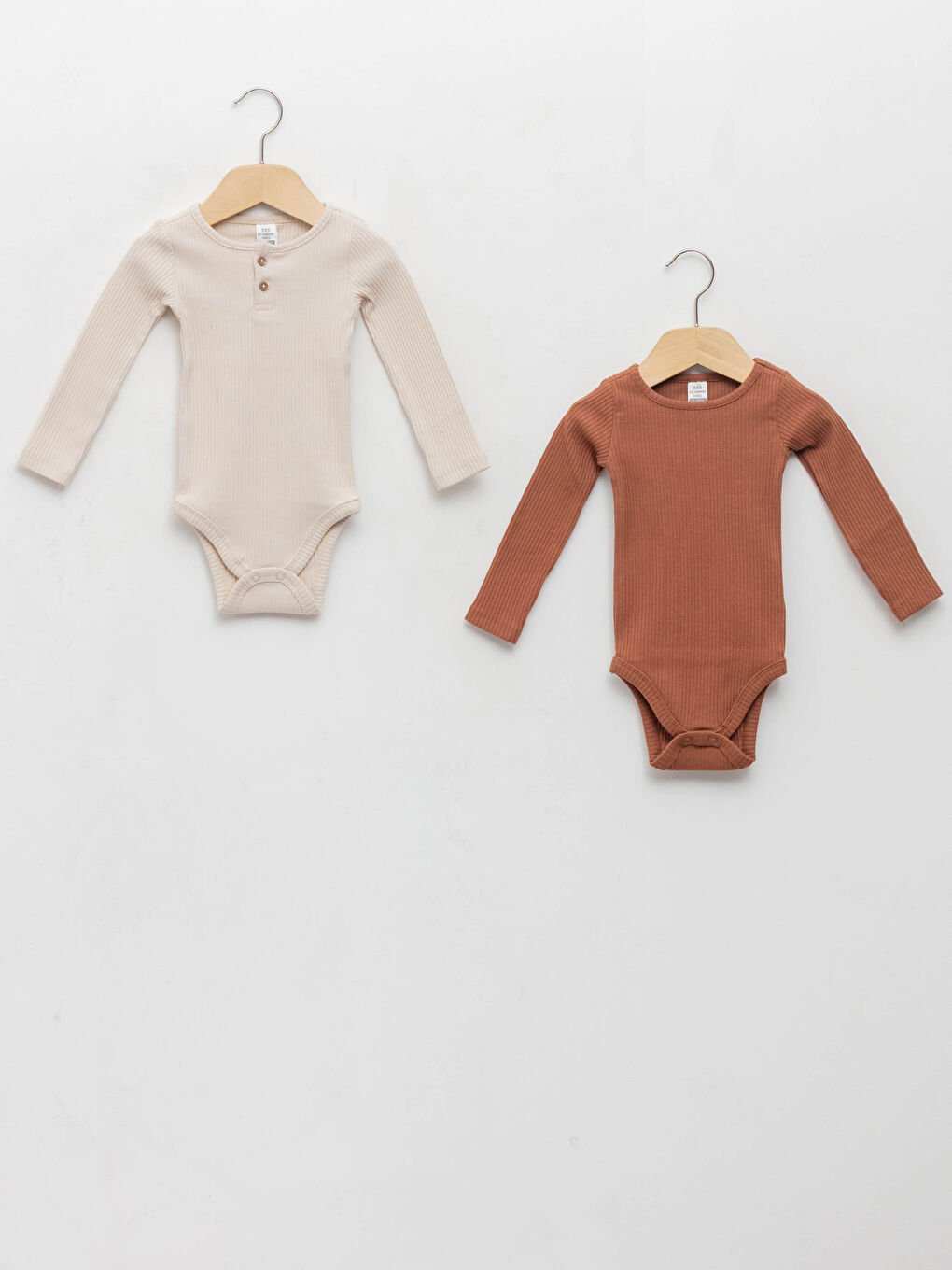 Bej Bisiklet Yaka Uzun Kollu Pamuklu Erkek Bebek Çıtçıtlı Body 2'li
