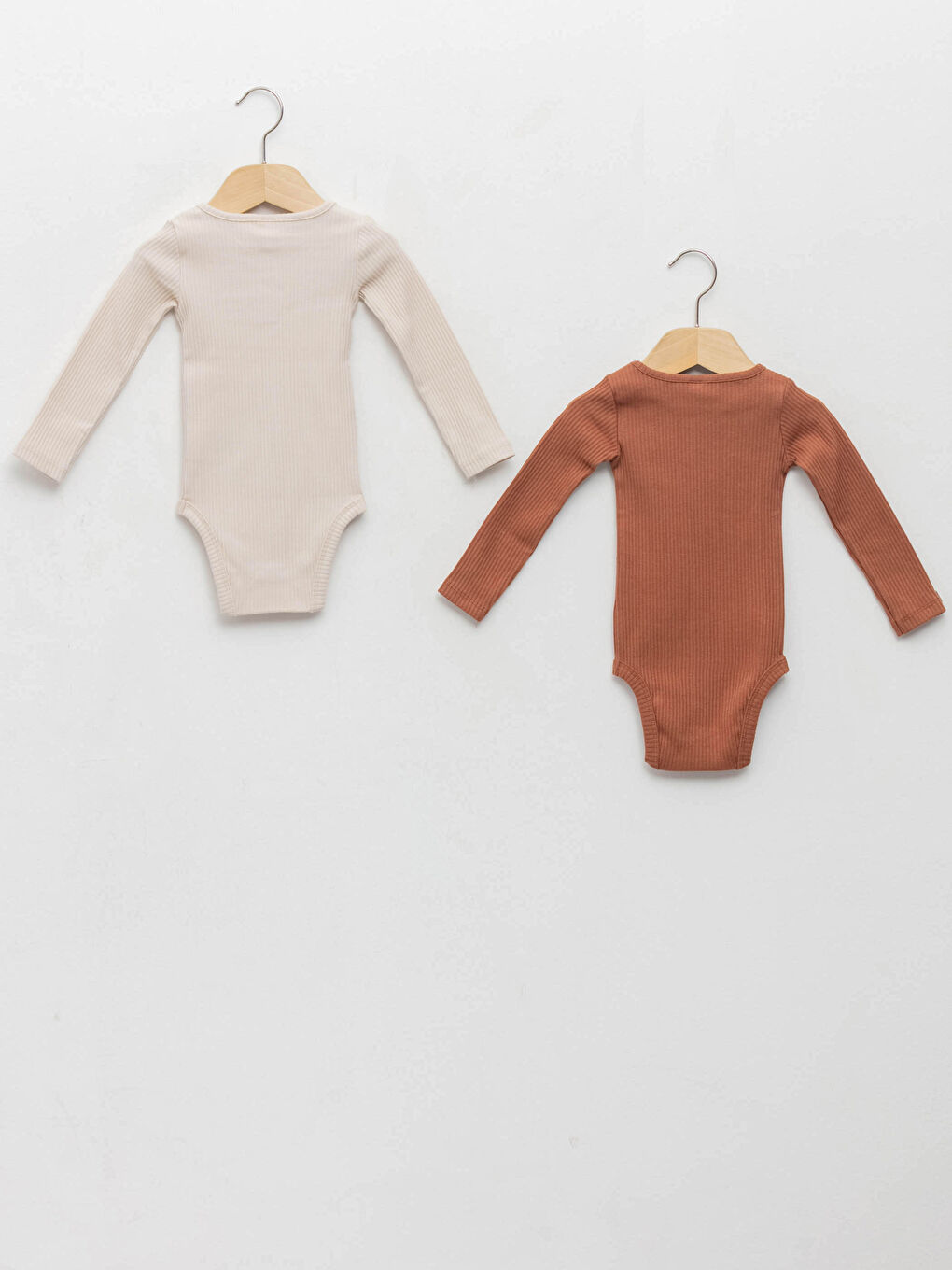 Bej Bisiklet Yaka Uzun Kollu Pamuklu Erkek Bebek Çıtçıtlı Body 2'li-1