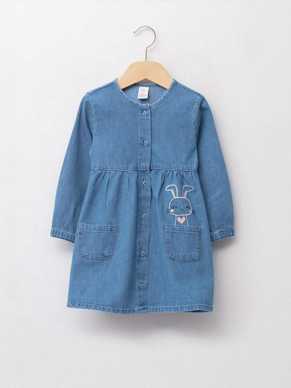 İndigo Bisiklet Yaka Uzun Kollu Nakış Detaylı Kız Bebek Jean Elbise