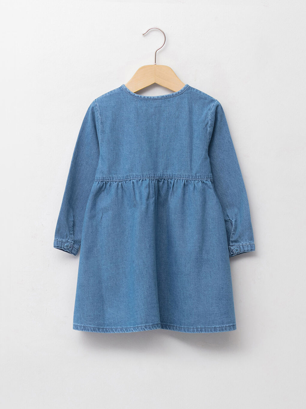 İndigo Bisiklet Yaka Uzun Kollu Nakış Detaylı Kız Bebek Jean Elbise-1