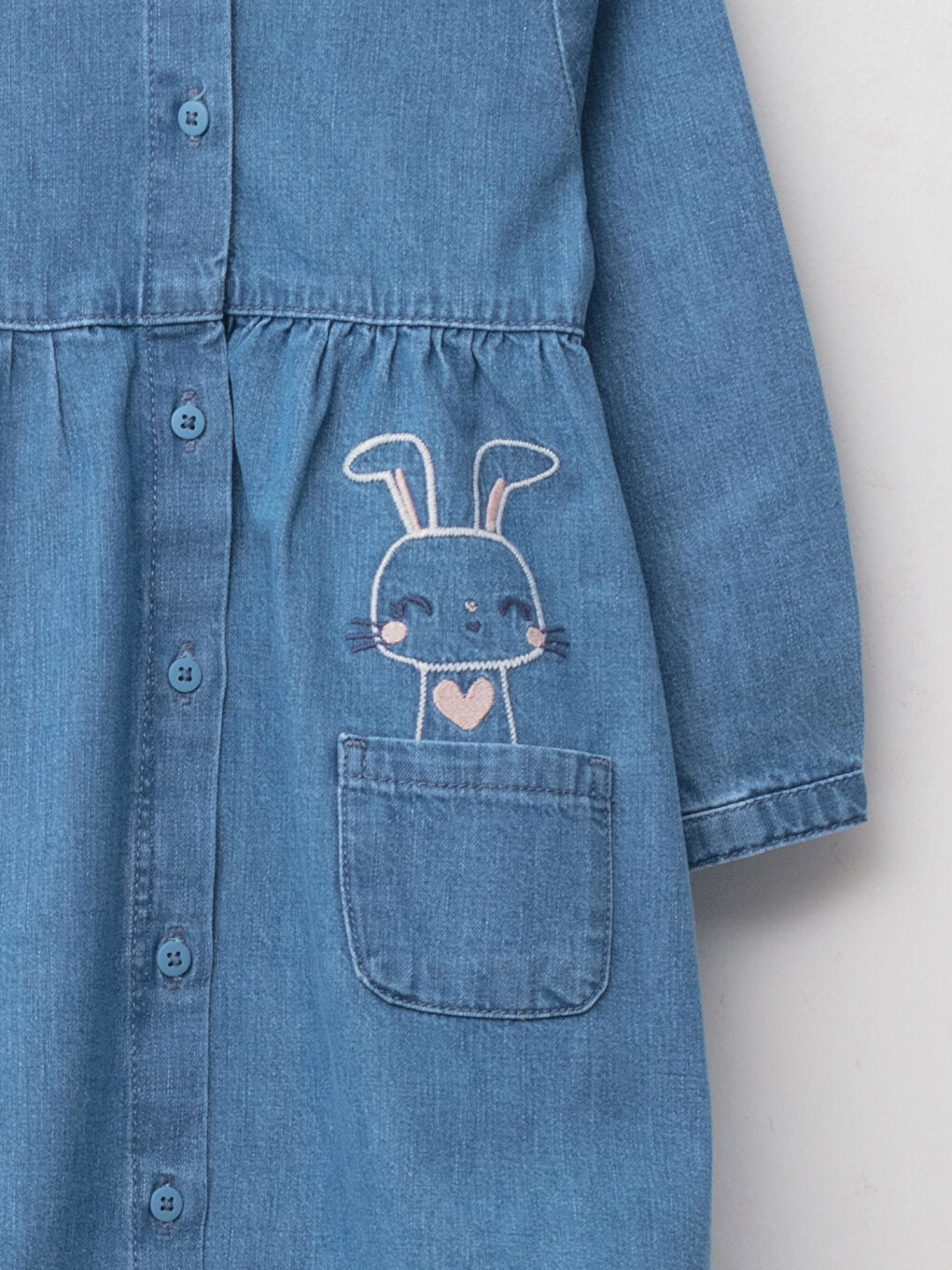 İndigo Bisiklet Yaka Uzun Kollu Nakış Detaylı Kız Bebek Jean Elbise-2