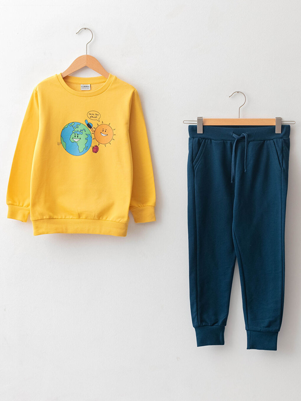 Sarı Bisiklet Yaka Baskılı Uzun Kollu Erkek Çocuk Sweatshirt ve Eşofman Altı