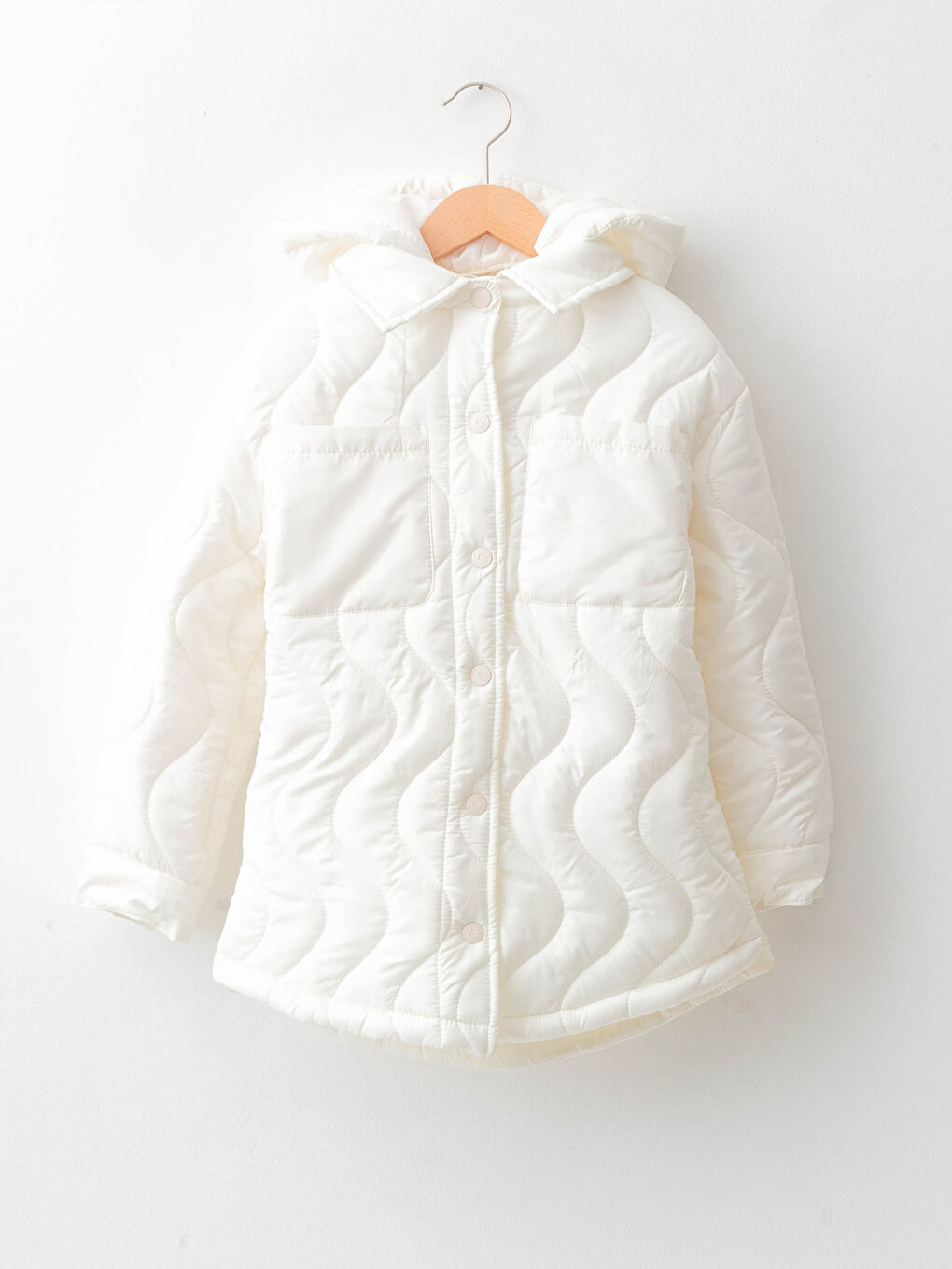 Hooded Self Patterned Long Sleeve Girls' Coat