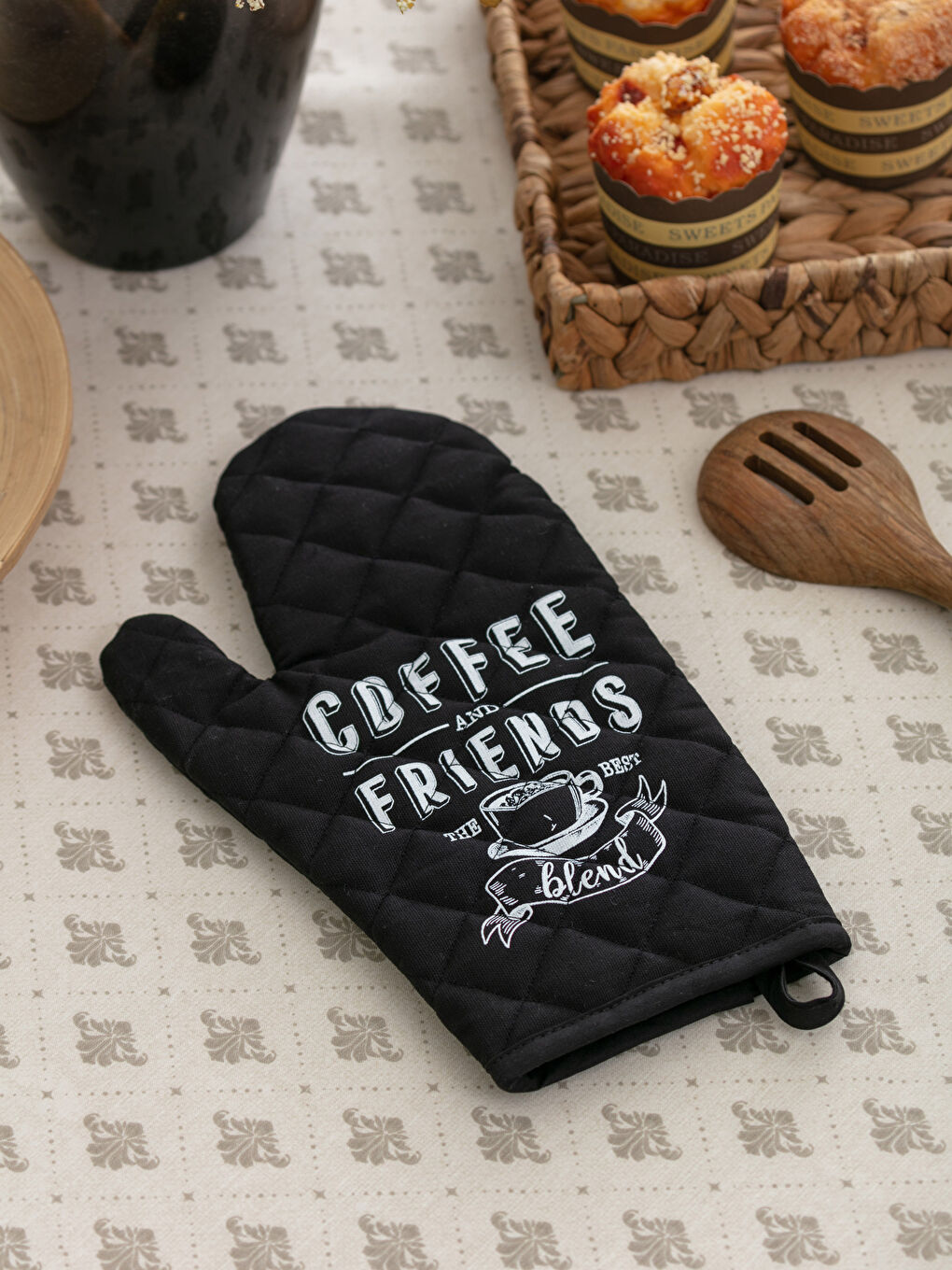 Slogan Printed Gabardine Oven Mitt 18x30 Cm