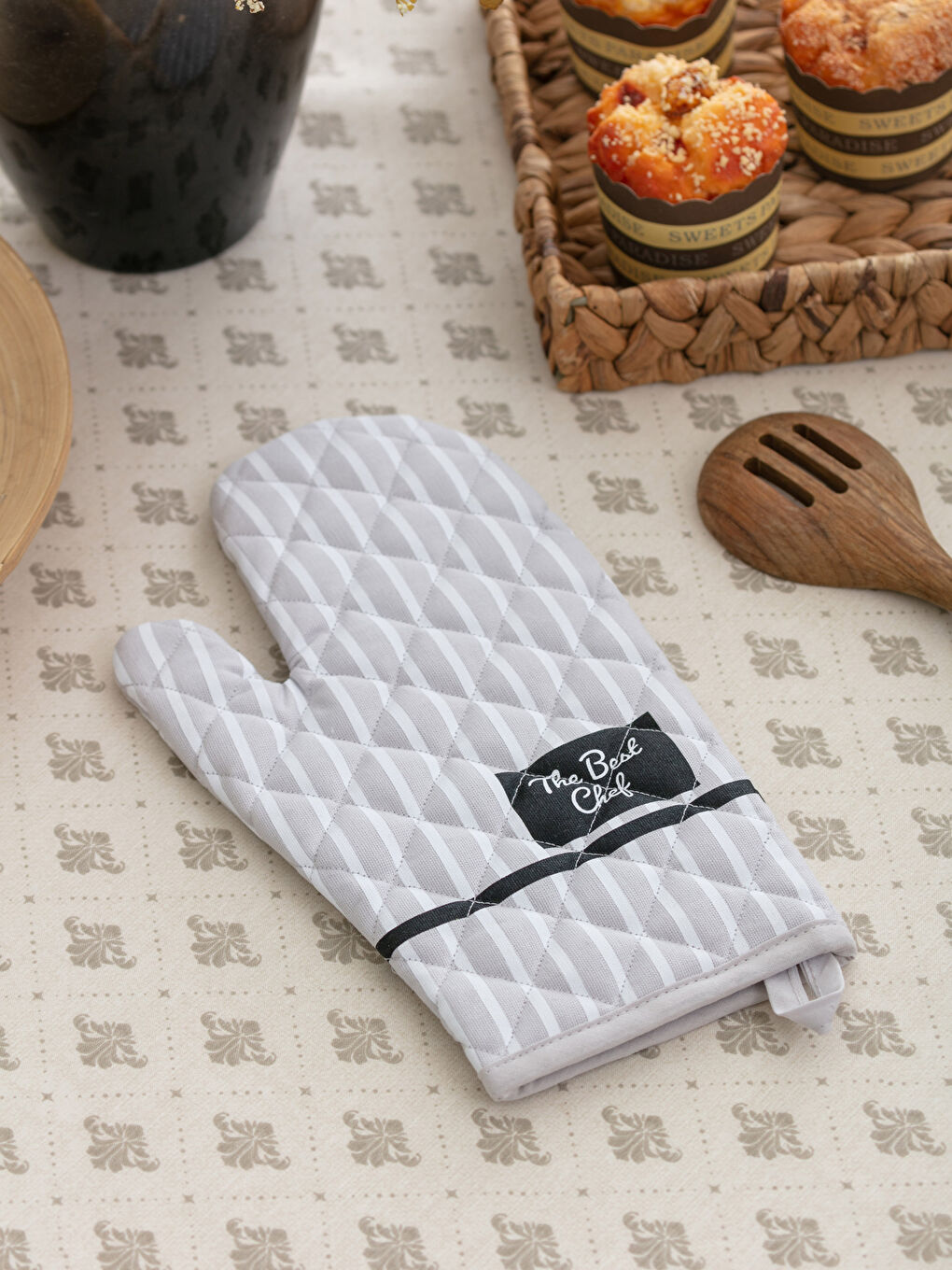 Gri Slogan Baskılı Gabardin Fırın Eldiveni 18x30 cm-1