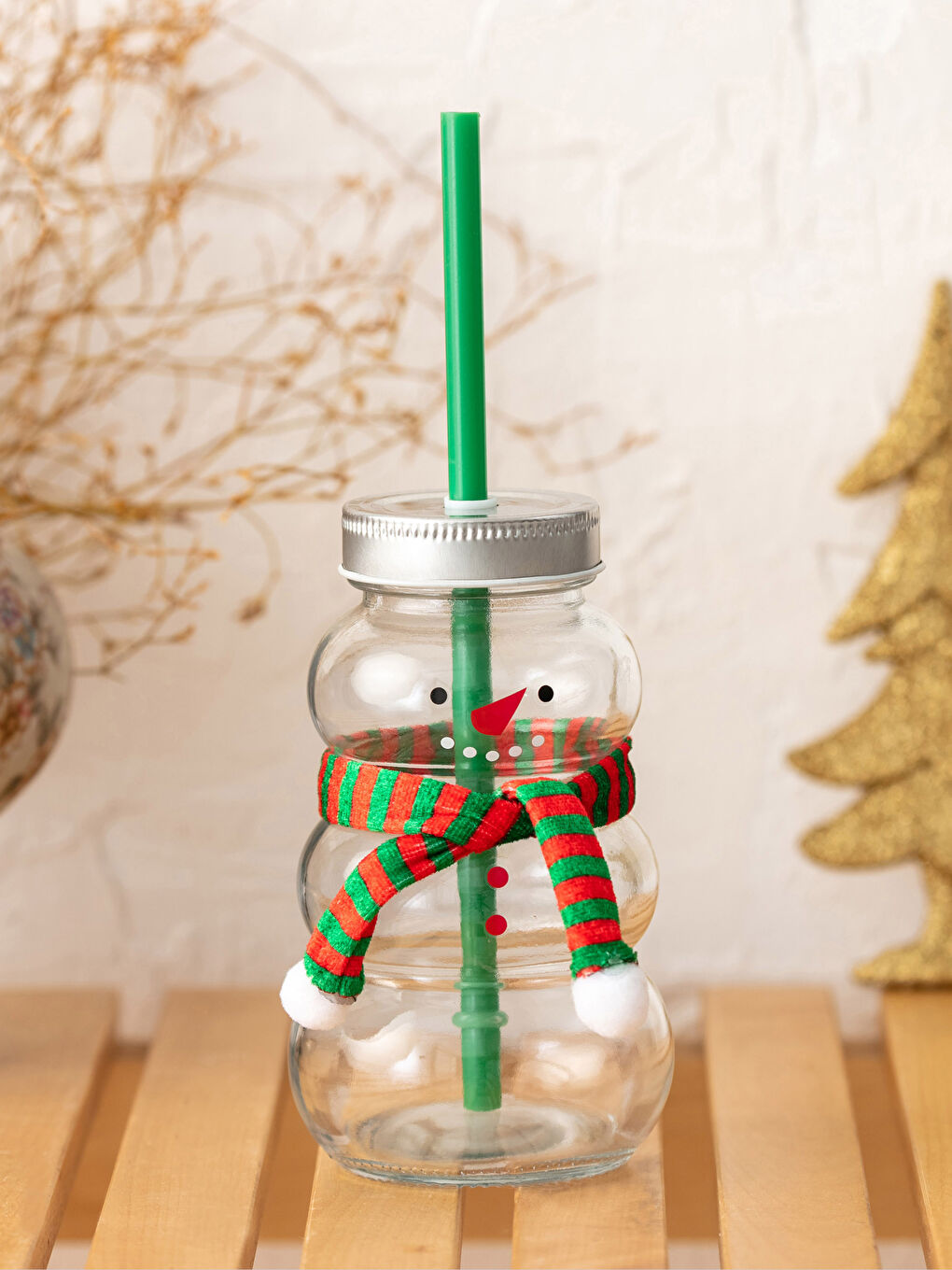 LCW HOME Christmas Themed Glass Cup with Straw and Lid -W1BM83Z8-F9C