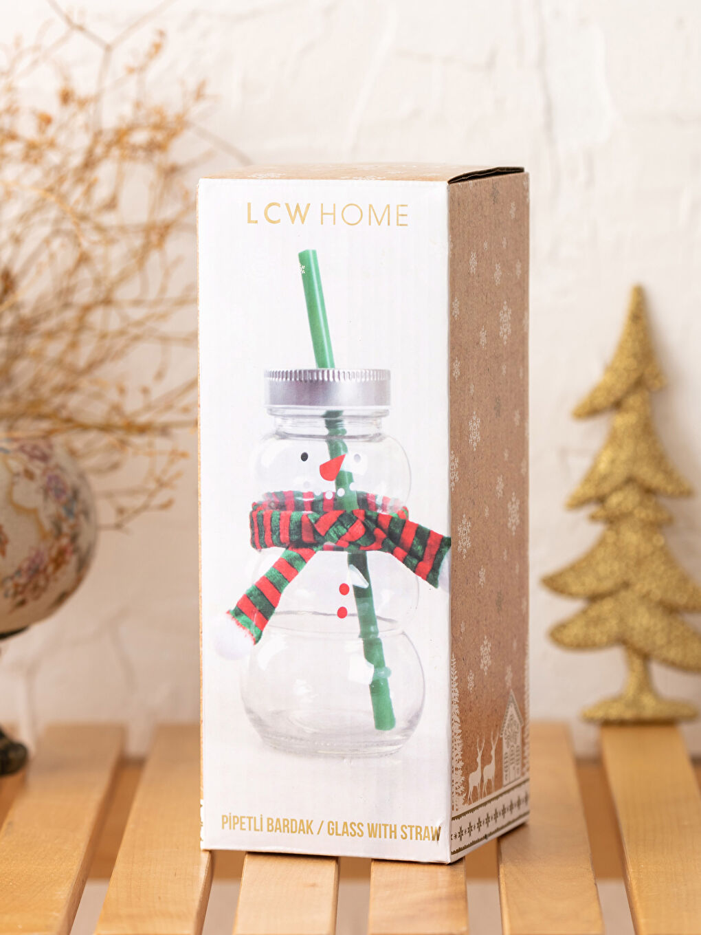 LCW HOME Christmas Themed Glass Cup with Straw and Lid -W1BM83Z8-F9C
