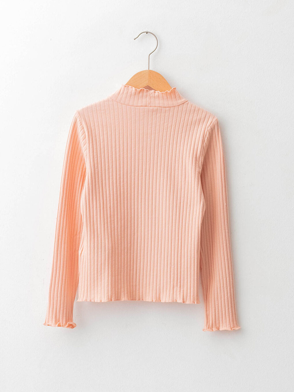 Pembe Yarım Balıkçı Yaka Kendinden Desenli Uzun Kollu Kız Çocuk Tişört-1