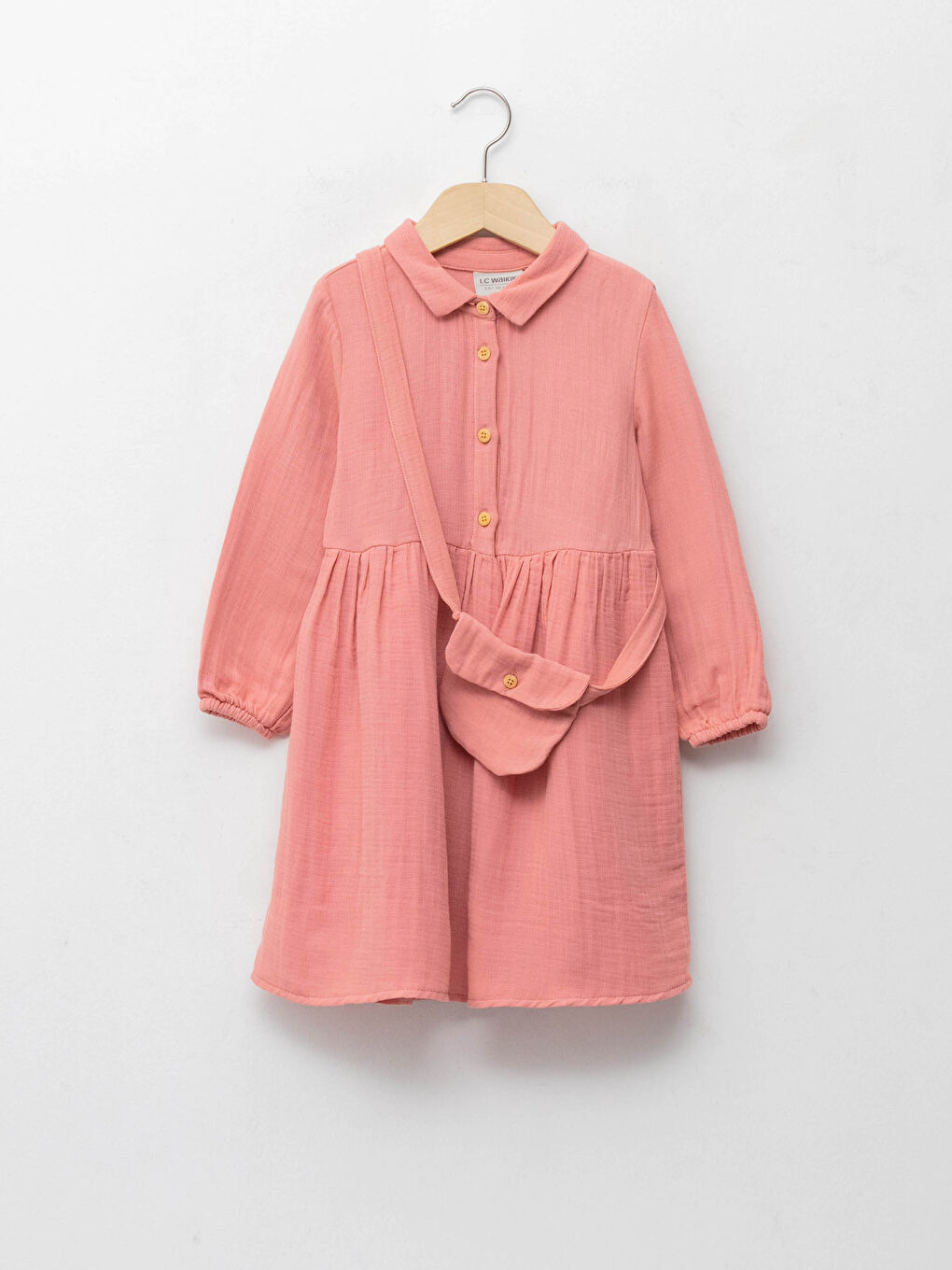 Shirt Collar Basic Long Sleeve Girls Dress and Bag