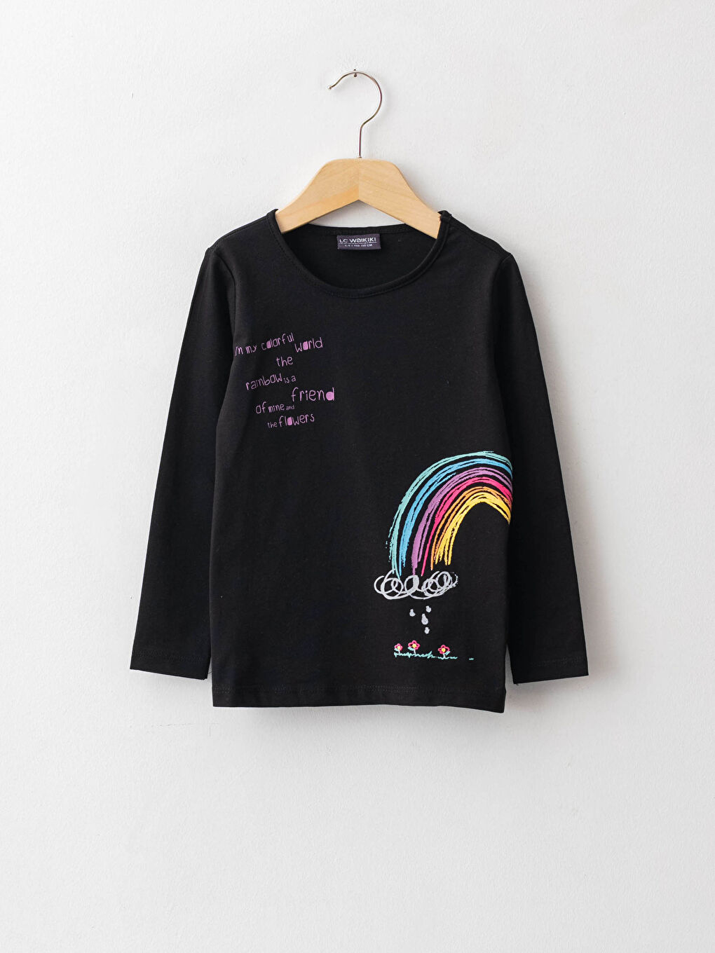 Siyah Bisiklet Yaka Baskılı Uzun Kollu Pamuklu Kız Çocuk Tişört