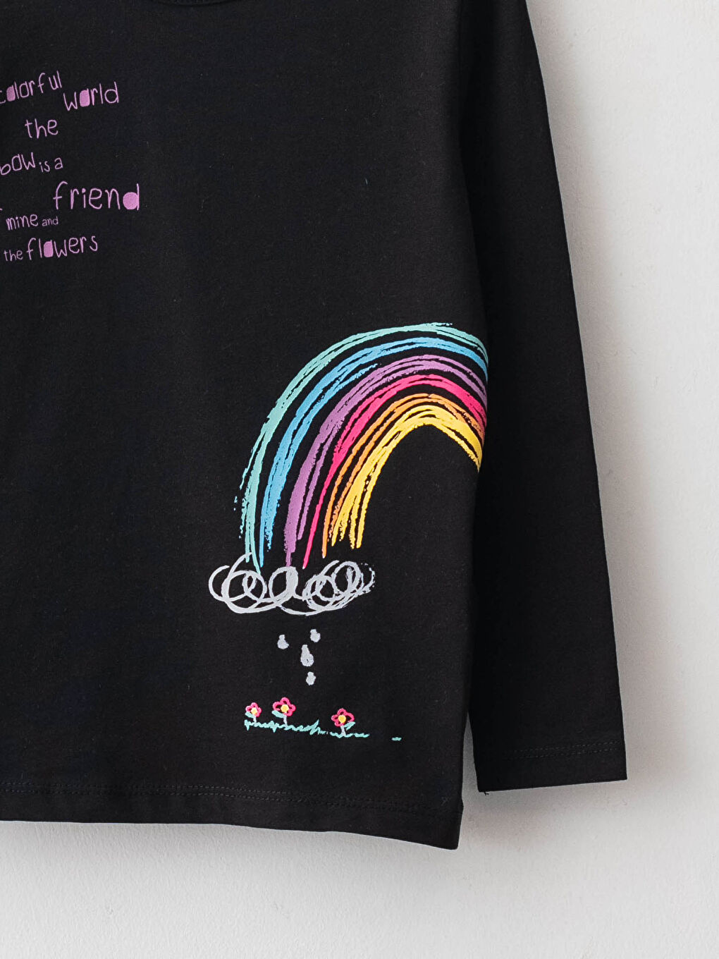 Siyah Bisiklet Yaka Baskılı Uzun Kollu Pamuklu Kız Çocuk Tişört-2