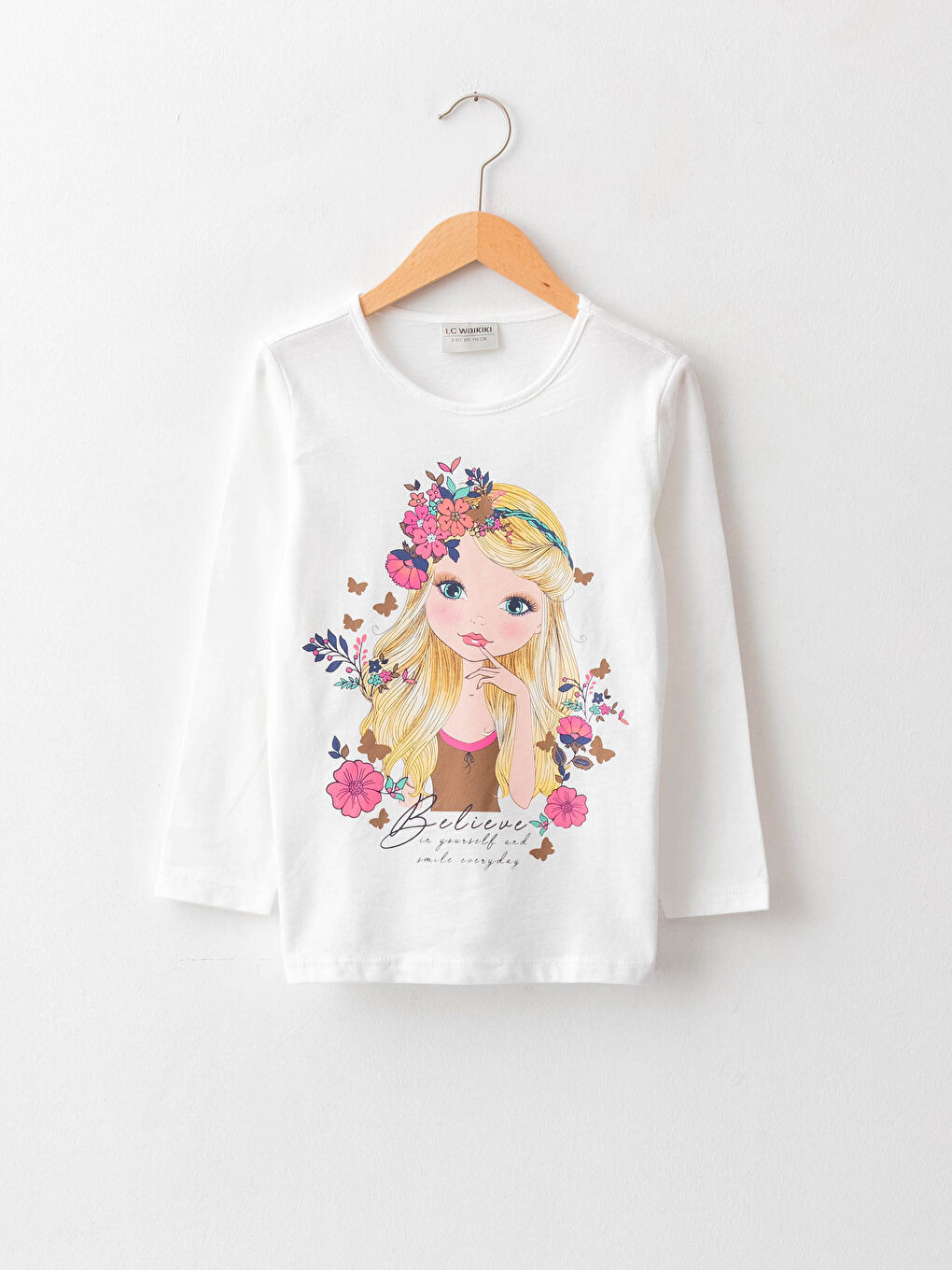 Ekru Bisiklet Yaka Baskılı Uzun Kollu Pamuklu Kız Çocuk Tişört