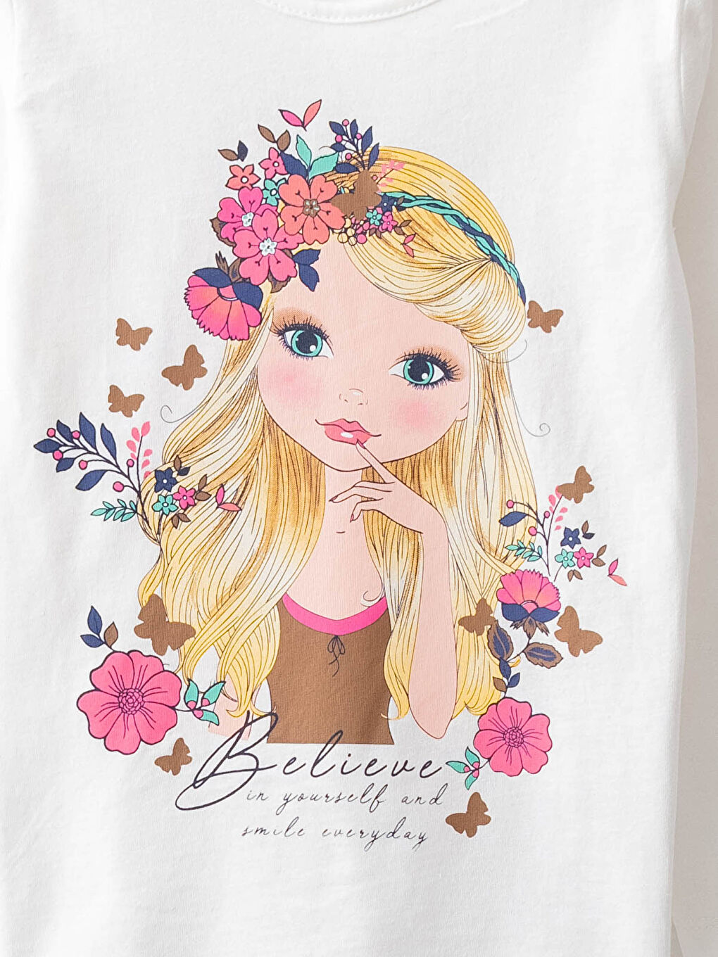 Ekru Bisiklet Yaka Baskılı Uzun Kollu Pamuklu Kız Çocuk Tişört-2