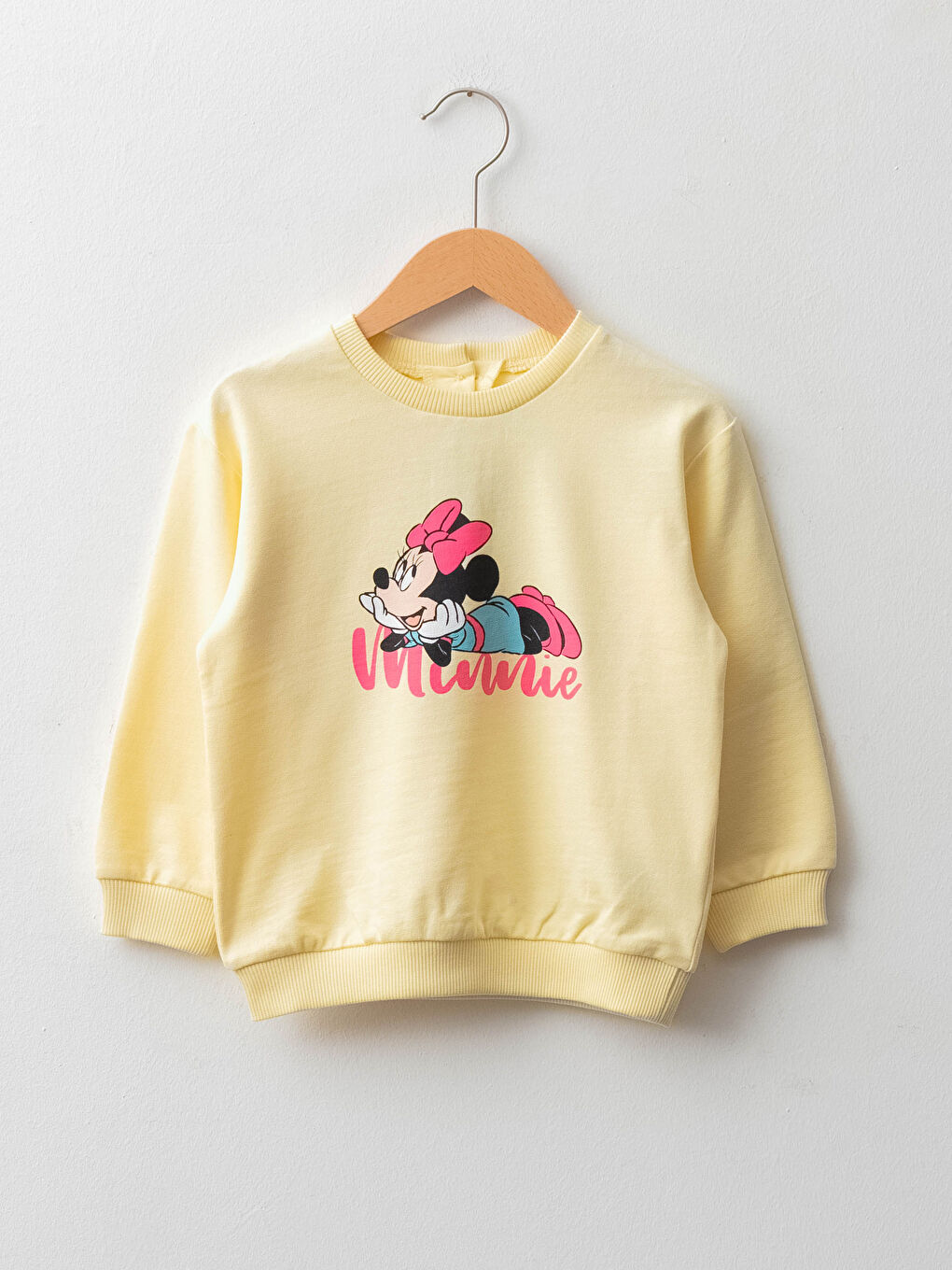 Sarı Bisiklet Yaka Uzun Kollu Minnie Mouse Baskılı Pamuklu Kız Bebek Sweatshirt