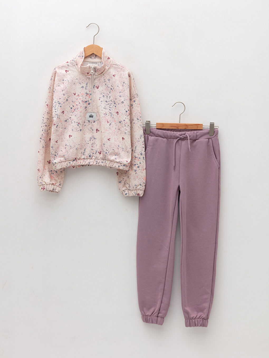 Lila Dik Yaka Mickey Mouse Baskılı Uzun Kollu Kız Çocuk Sweatshirt ve Eşofman Altı