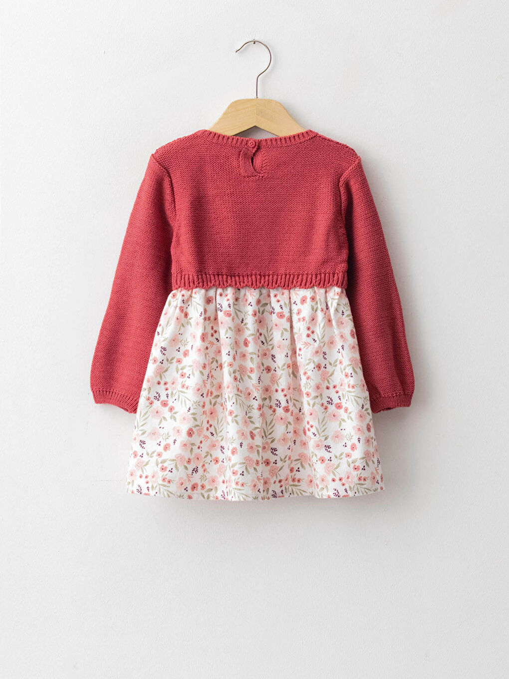 Pembe Bisiklet Yaka Uzun Kollu Çiçekli Kız Bebek Elbise-1