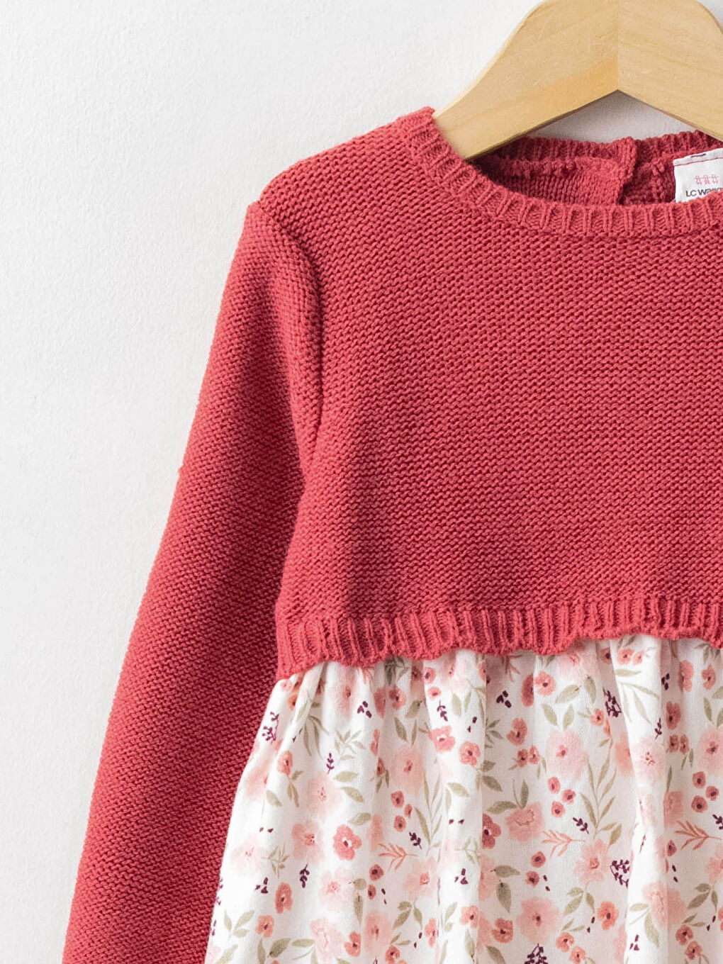 Pembe Bisiklet Yaka Uzun Kollu Çiçekli Kız Bebek Elbise-2