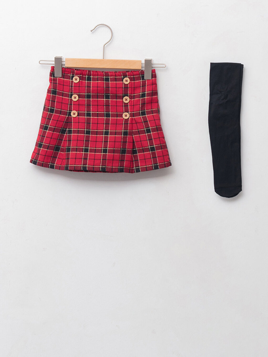 Beli Lastikli Ekose Desenli Kız Bebek Etek ve Külotlu Çorap 2'li Takım