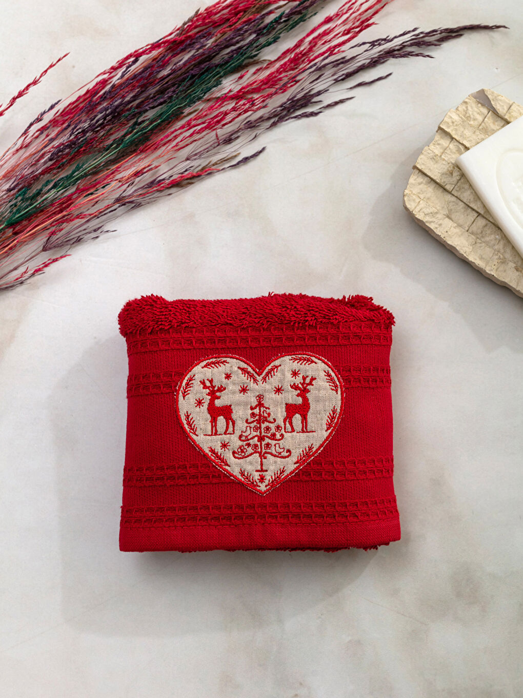 New Year Themed Embroidery Detailed Boucle Hand Towel 30x50 Cm-1
