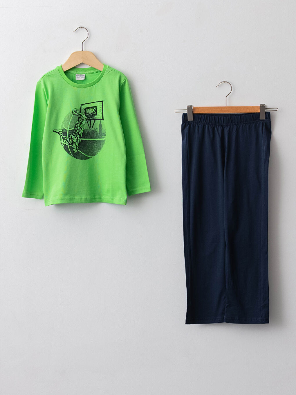 Yeşil Bisiklet Yaka Baskılı Uzun Kollu Pamuklu Erkek Çocuk Pijama Takımı