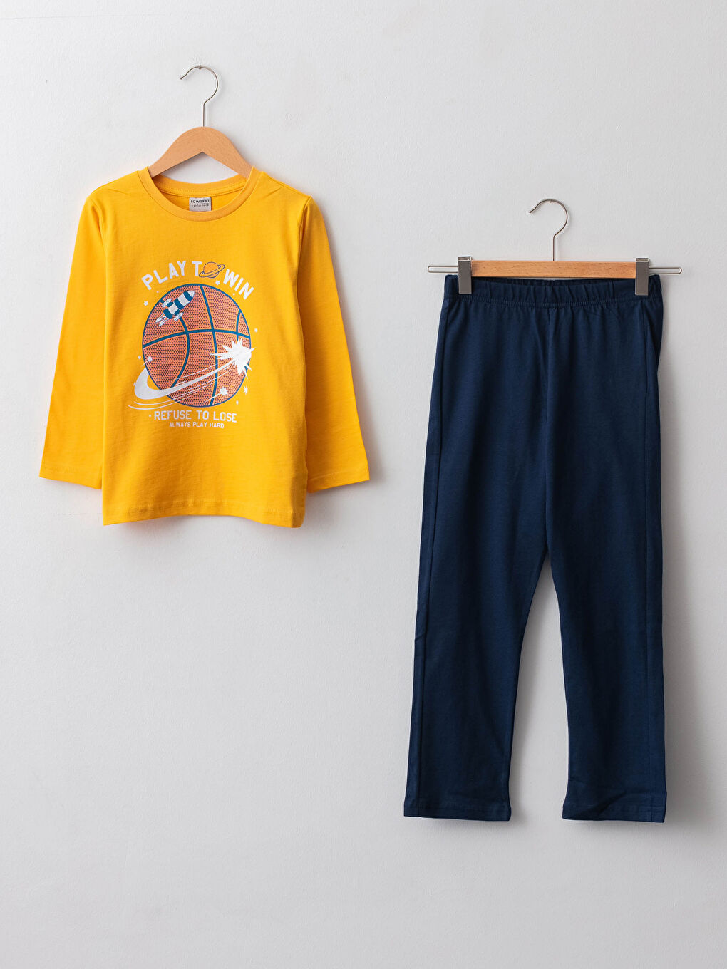 Sarı Bisiklet Yaka Baskılı Uzun Kollu Pamuklu Erkek Çocuk Pijama Takımı