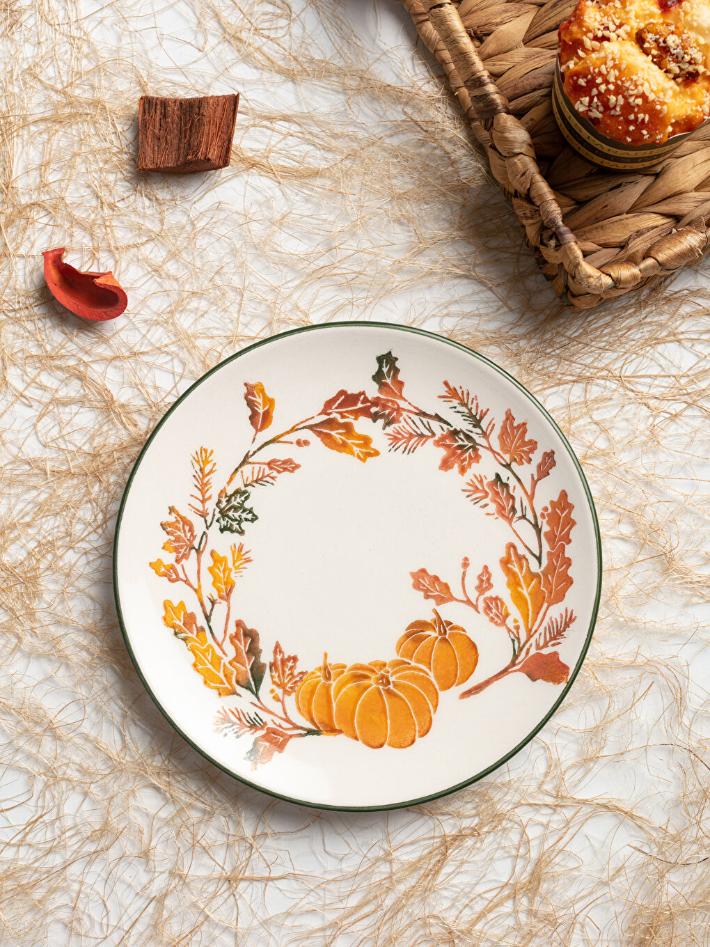 Turuncu Bal Kabağı Baskılı Seramik Pasta Tabağı 21 cm-1