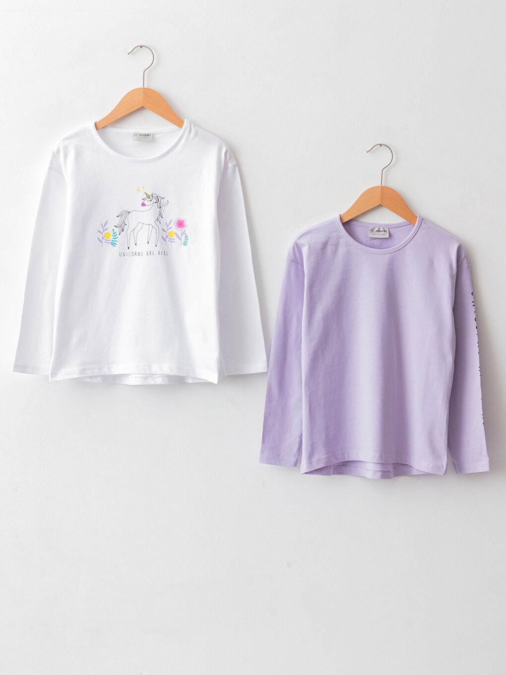 Beyaz Bisiklet Yaka Baskılı Uzun Kollu Pamuklu Kız Çocuk Tişört 2'li