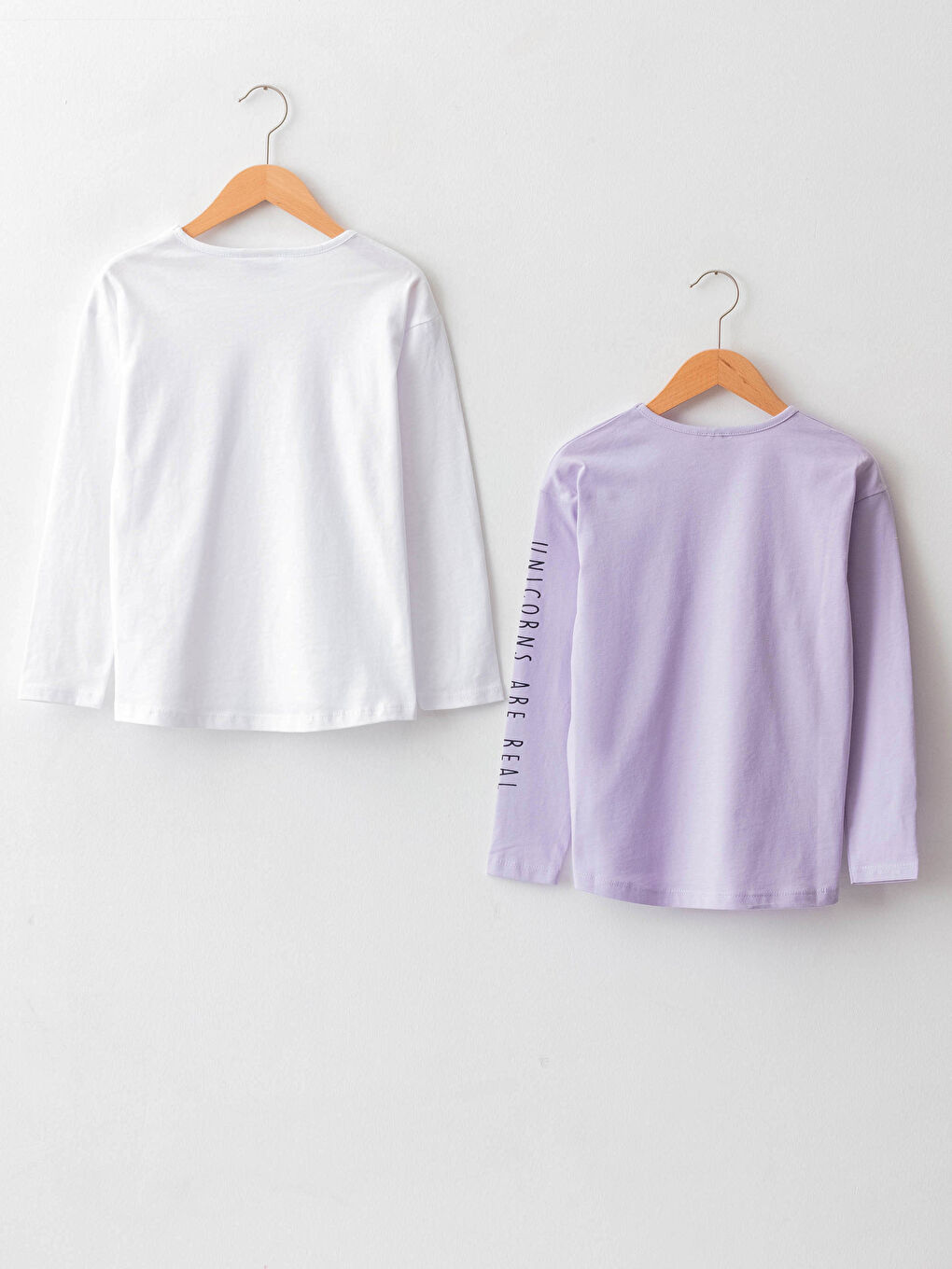 Beyaz Bisiklet Yaka Baskılı Uzun Kollu Pamuklu Kız Çocuk Tişört 2'li-1