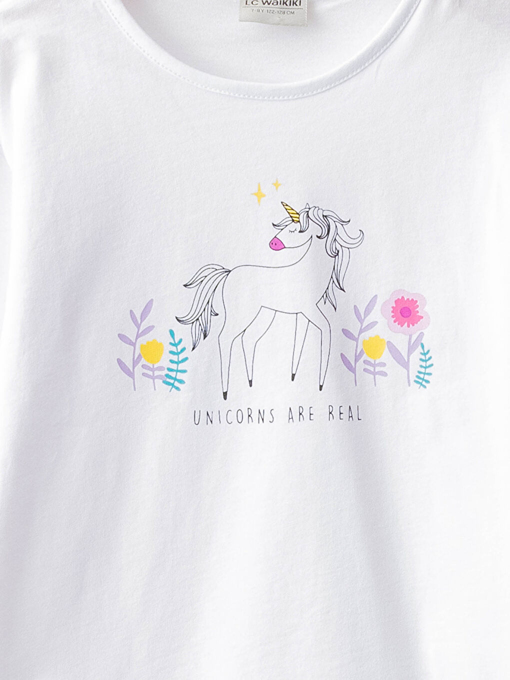 Beyaz Bisiklet Yaka Baskılı Uzun Kollu Pamuklu Kız Çocuk Tişört 2'li-2