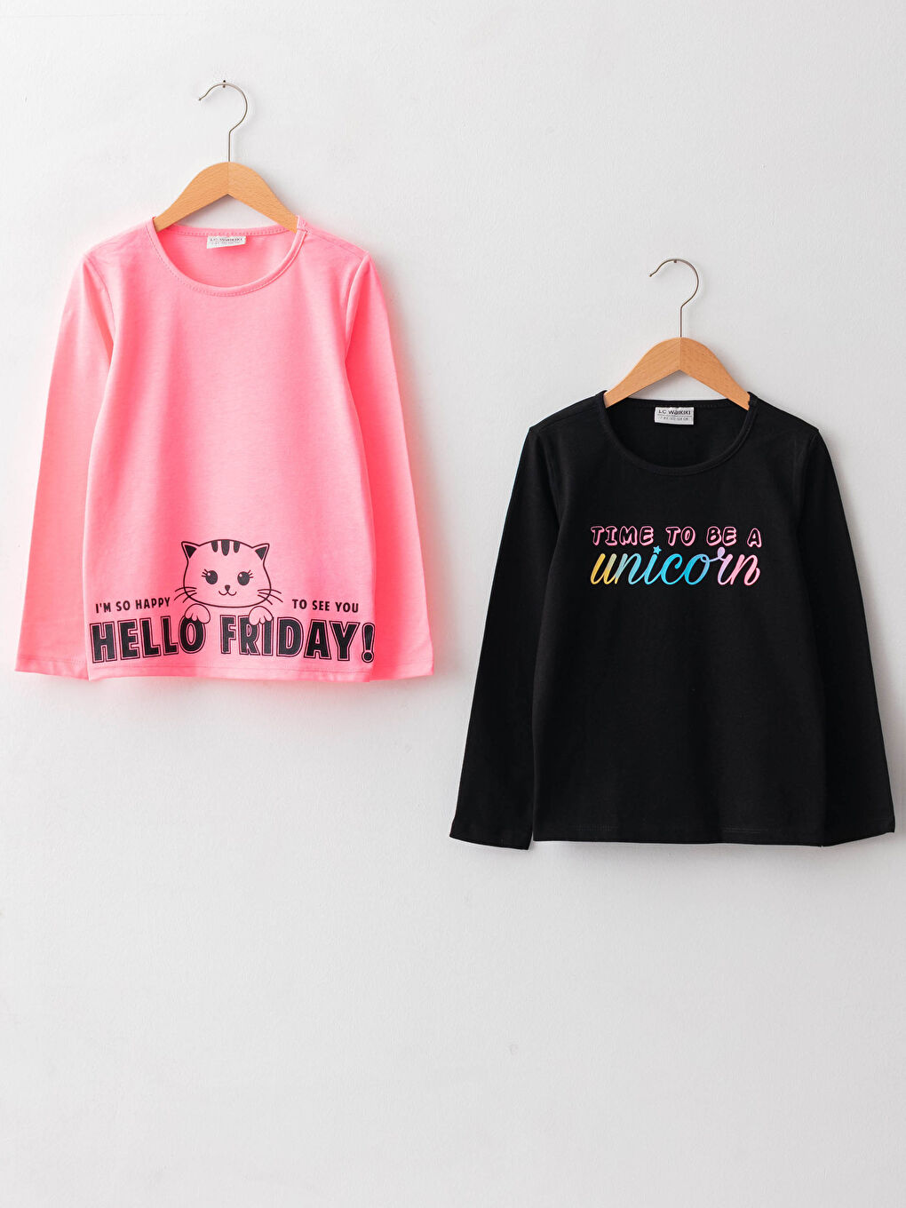 Siyah Bisiklet Yaka Baskılı Uzun Kollu Kız Çocuk Tişört 2'li