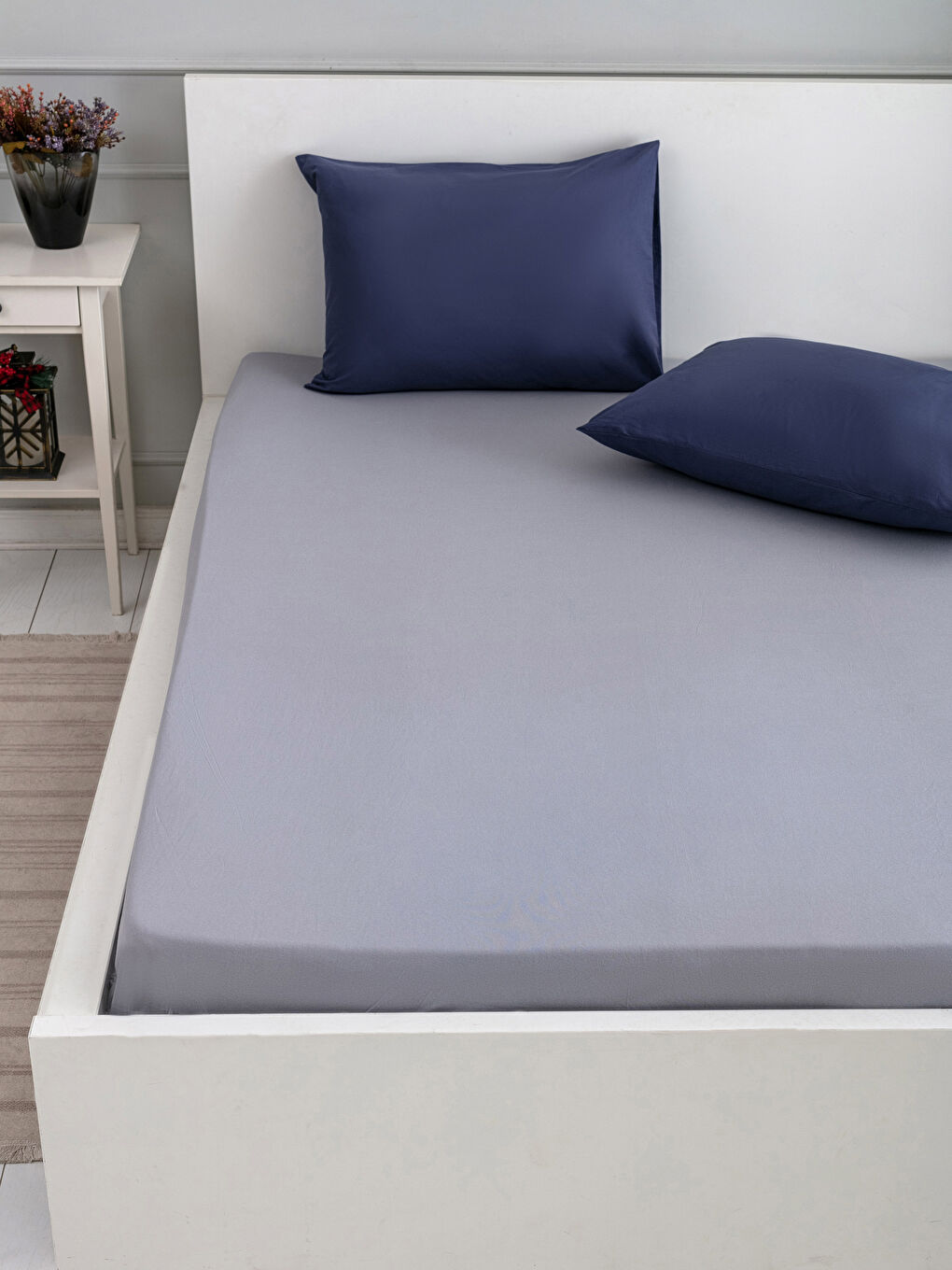 Gri Çift Kişilik Battal Boy Düz Örme Lastikli Çarşaf