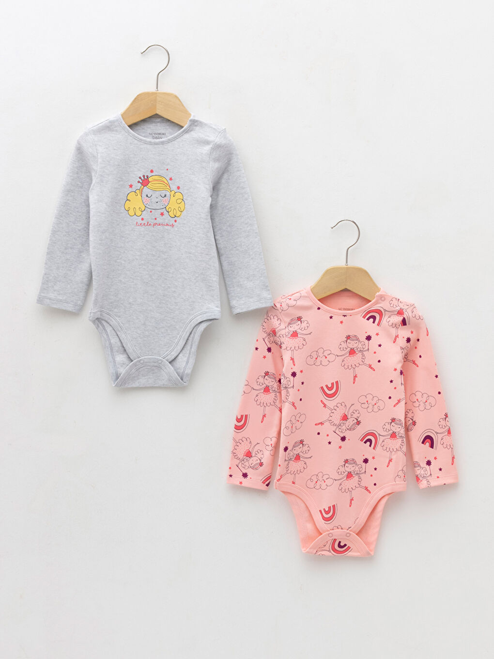 Pembe Bisiklet Yaka Uzun Kollu Baskılı Kız Bebek Çıtçıtlı Bodysuit 2'li