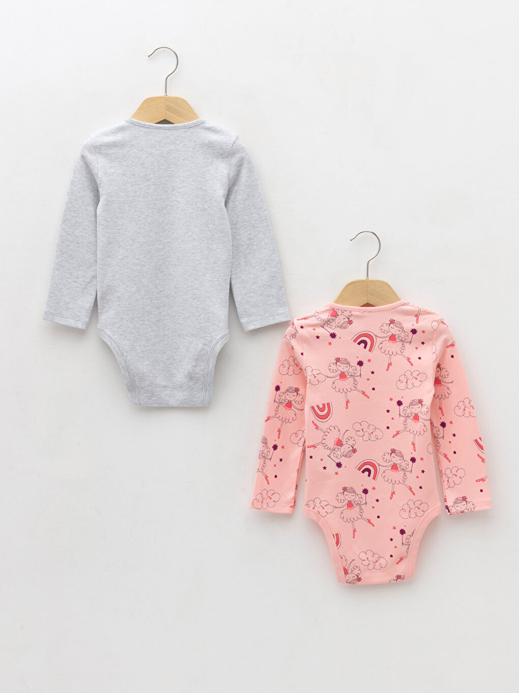 Pembe Bisiklet Yaka Uzun Kollu Baskılı Kız Bebek Çıtçıtlı Bodysuit 2'li-1