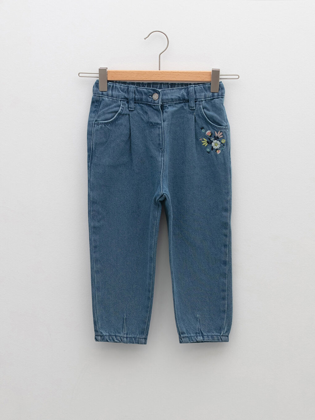 Elastic Waist Embroidery Detailed Baby Girl Denim Trousers