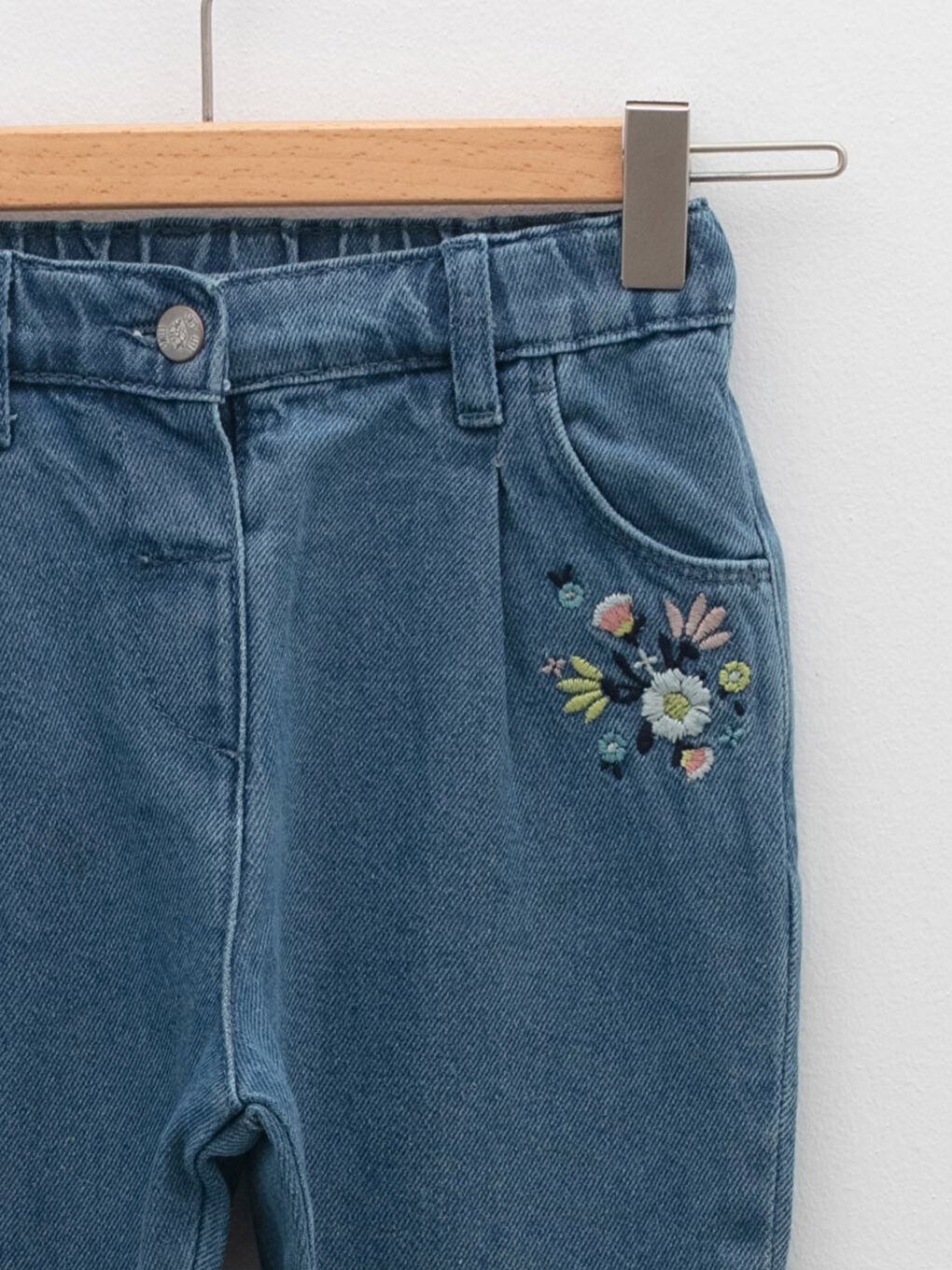 Elastic Waist Embroidery Detailed Baby Girl Denim Trousers-2