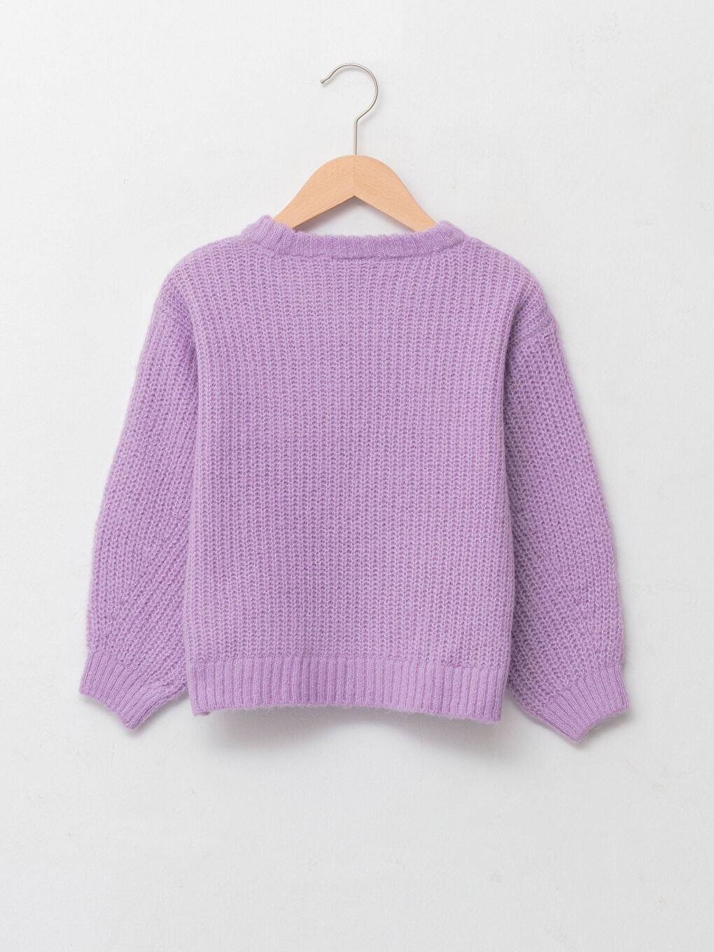 Lila Bisiklet Yaka Saç Örgüsü Desenli Uzun Kollu Kız Çocuk Triko Kazak-1