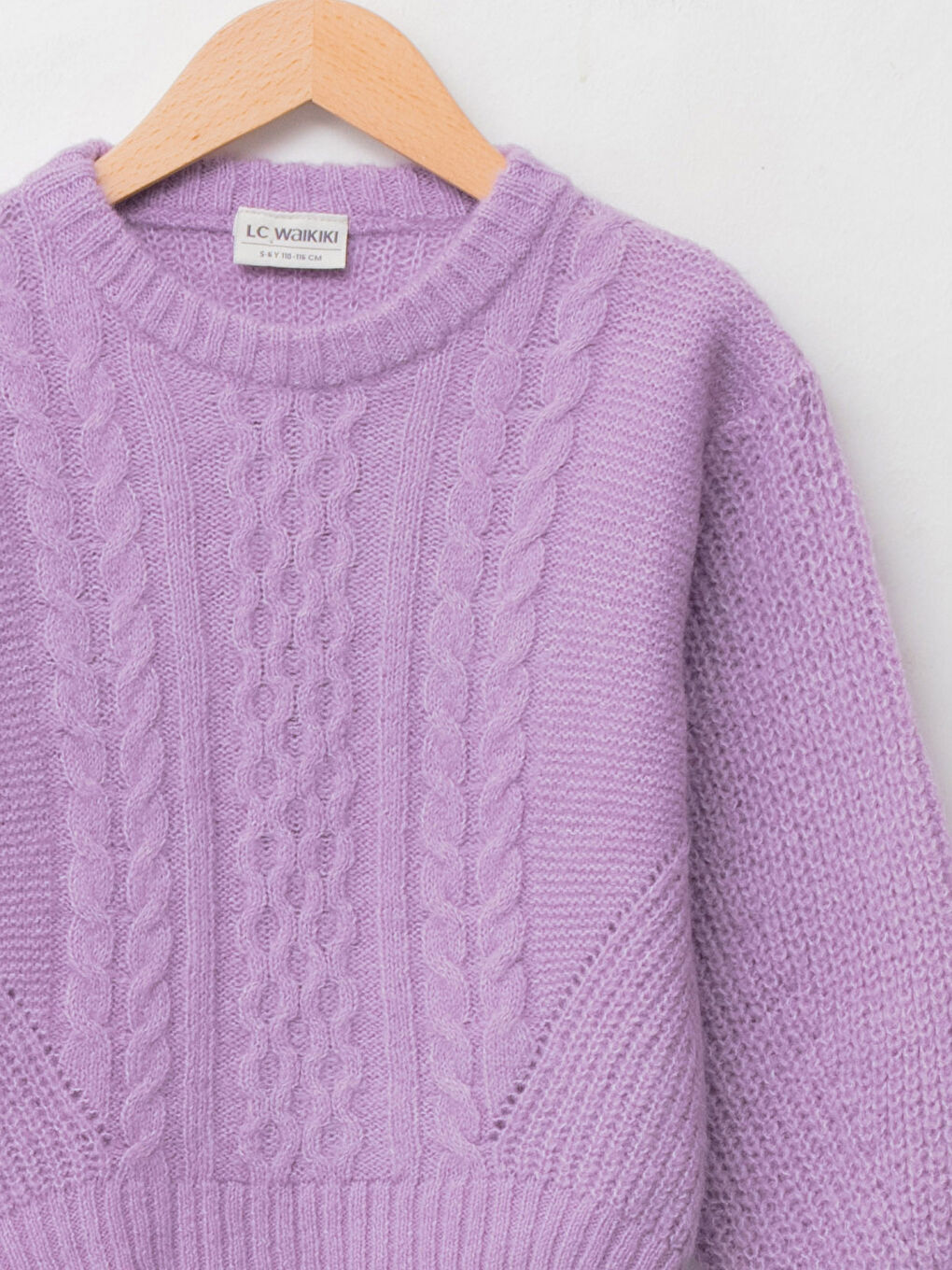 Lila Bisiklet Yaka Saç Örgüsü Desenli Uzun Kollu Kız Çocuk Triko Kazak-2