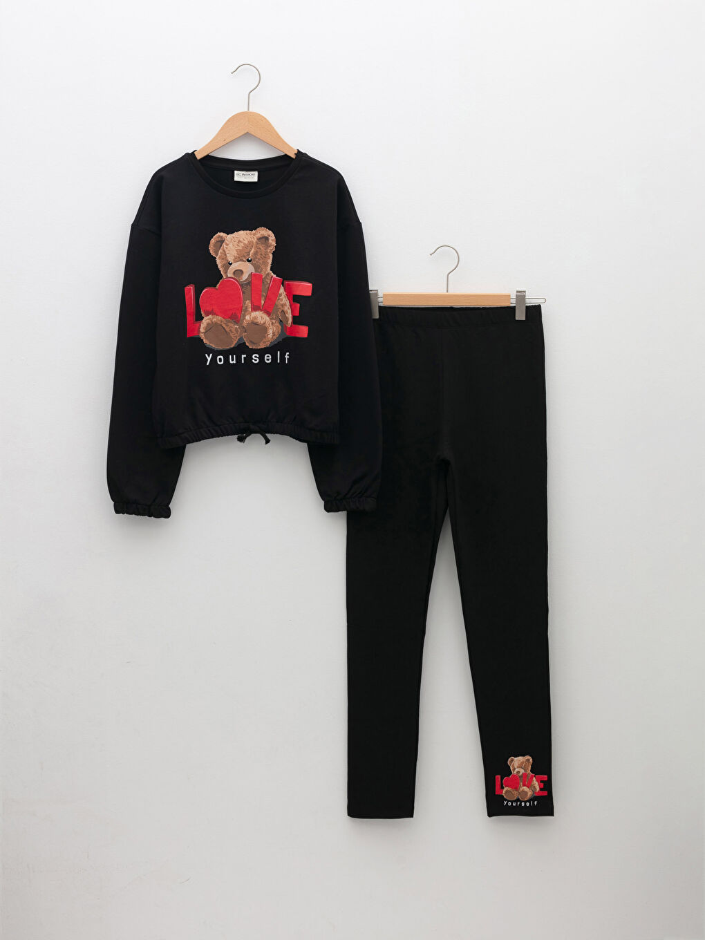 Siyah Bisiklet Yaka Baskılı Uzun Kollu Oversize Kız Çocuk Sweatshirt ve Tayt