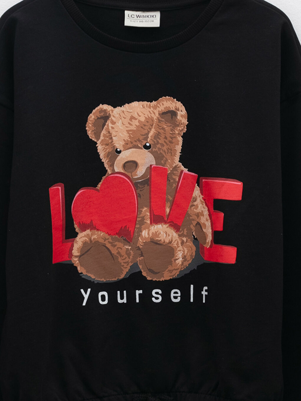 Siyah Bisiklet Yaka Baskılı Uzun Kollu Oversize Kız Çocuk Sweatshirt ve Tayt-2