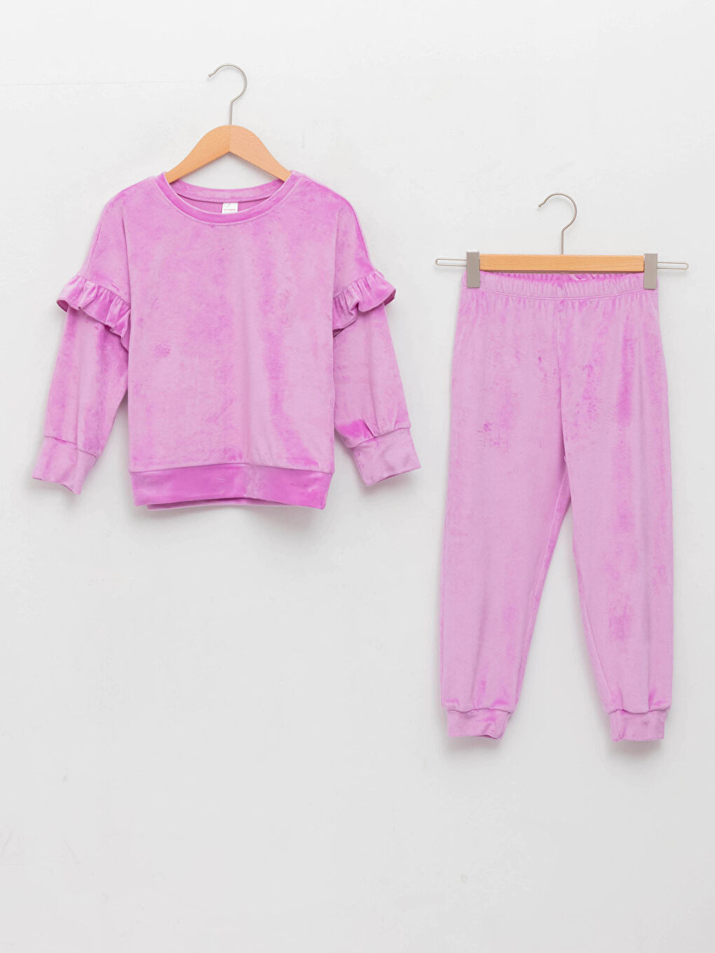 Дөңгелек жағалы негізгі ұзын жеңді барқыт қыз пижама жинағы