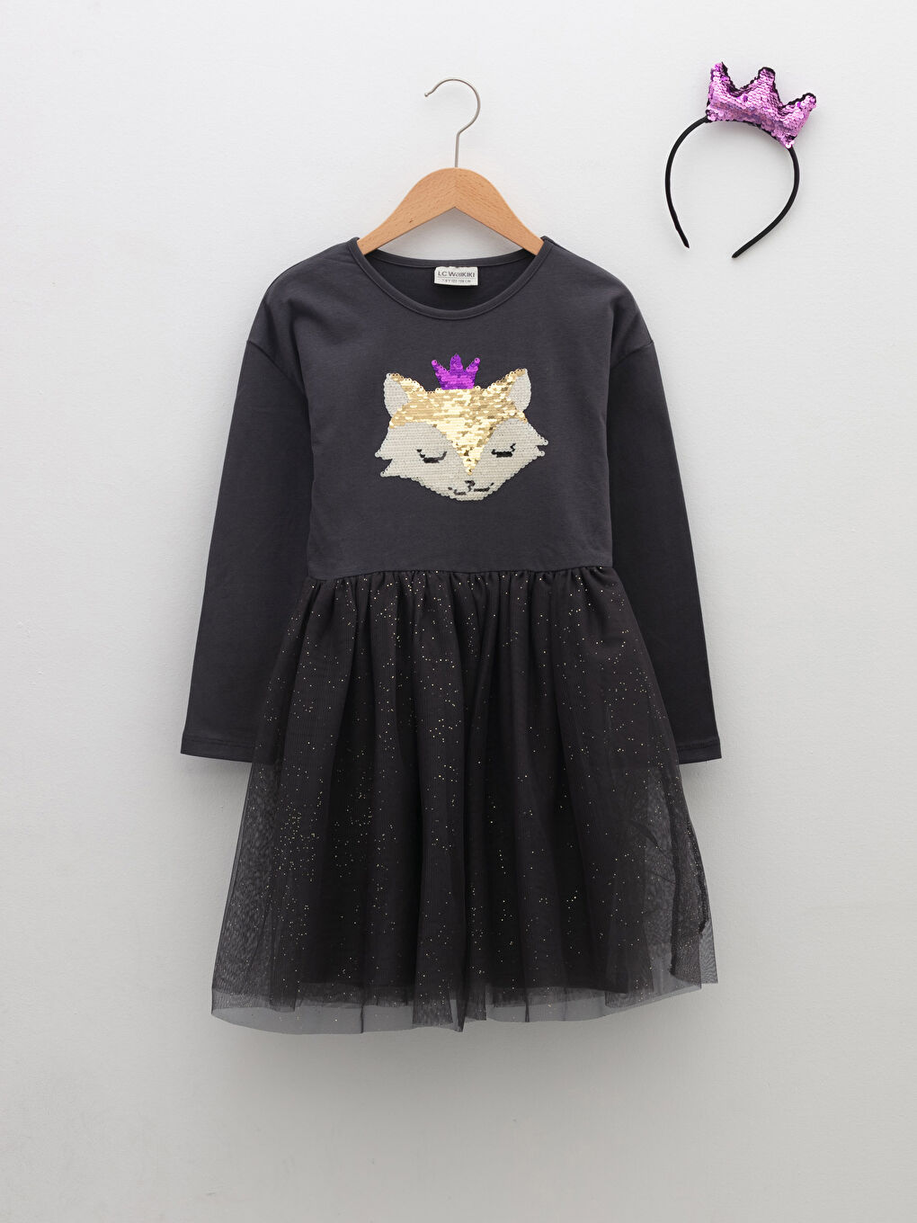 LCW Kids Rundhalsausschnitt Pailletten Besticktes Langarm Mädchenkleid und Krone -W1DS67Z4-HHY