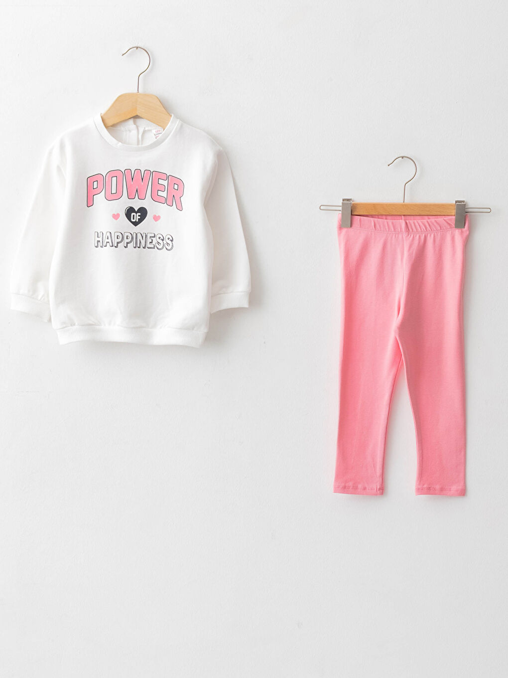 Ekru Bisiklet Yaka Uzun Kollu Baskılı Kız Bebek Sweatshirt ve Tayt 2'li Takım