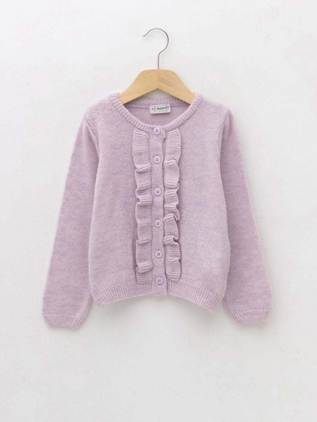 Lila Bisiklet Yaka Fırfır Detaylı Uzun Kollu Kız Çocuk Triko Hırka