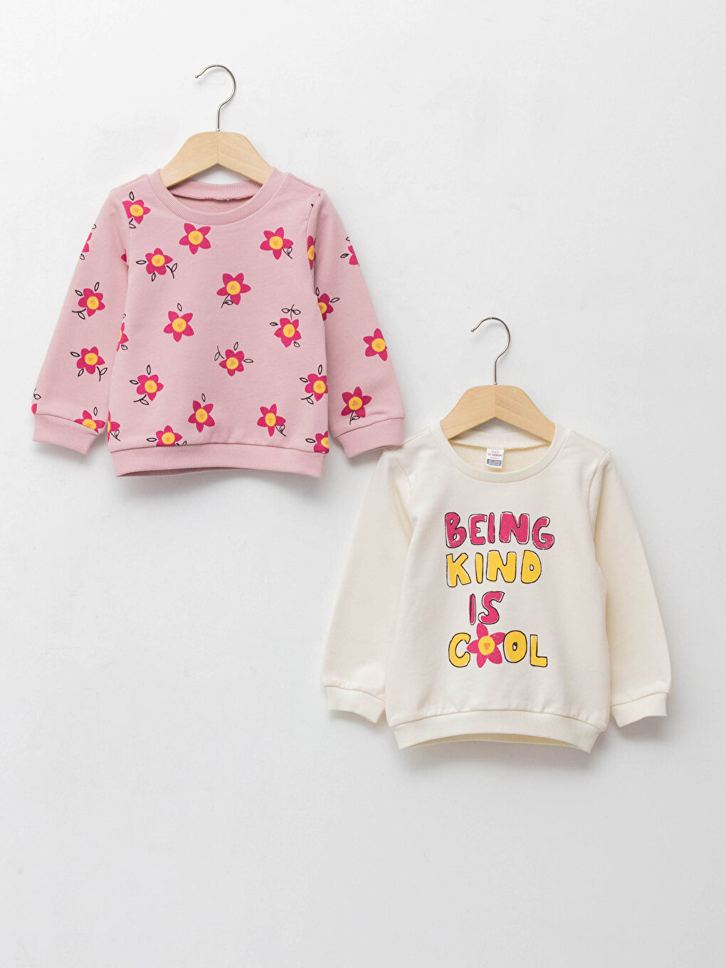 Pembe Bisiklet Yaka Uzun Kollu Baskılı Kız Bebek Sweatshirt 2'li